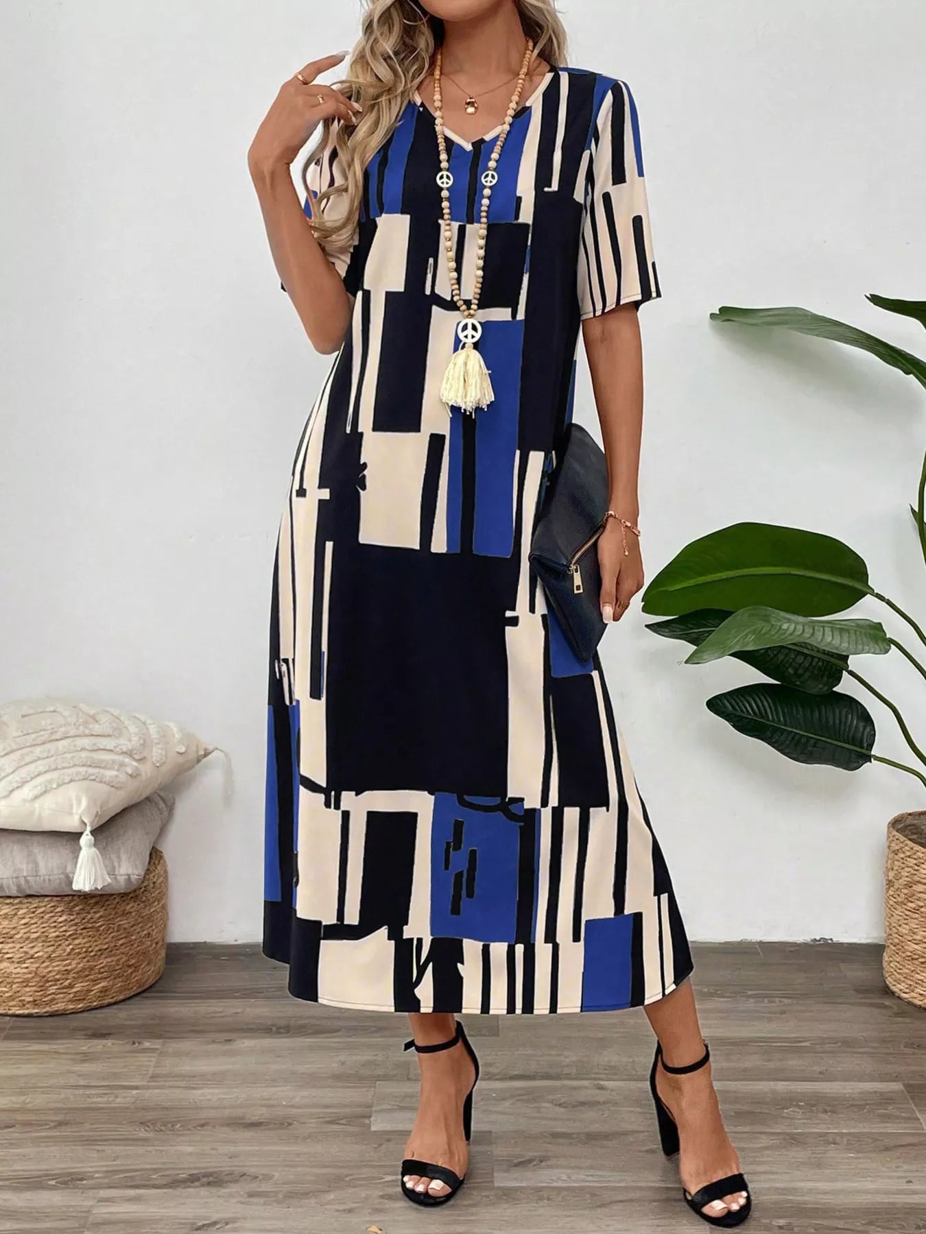 Abstract Geometric Print V-Neck Midi Dress