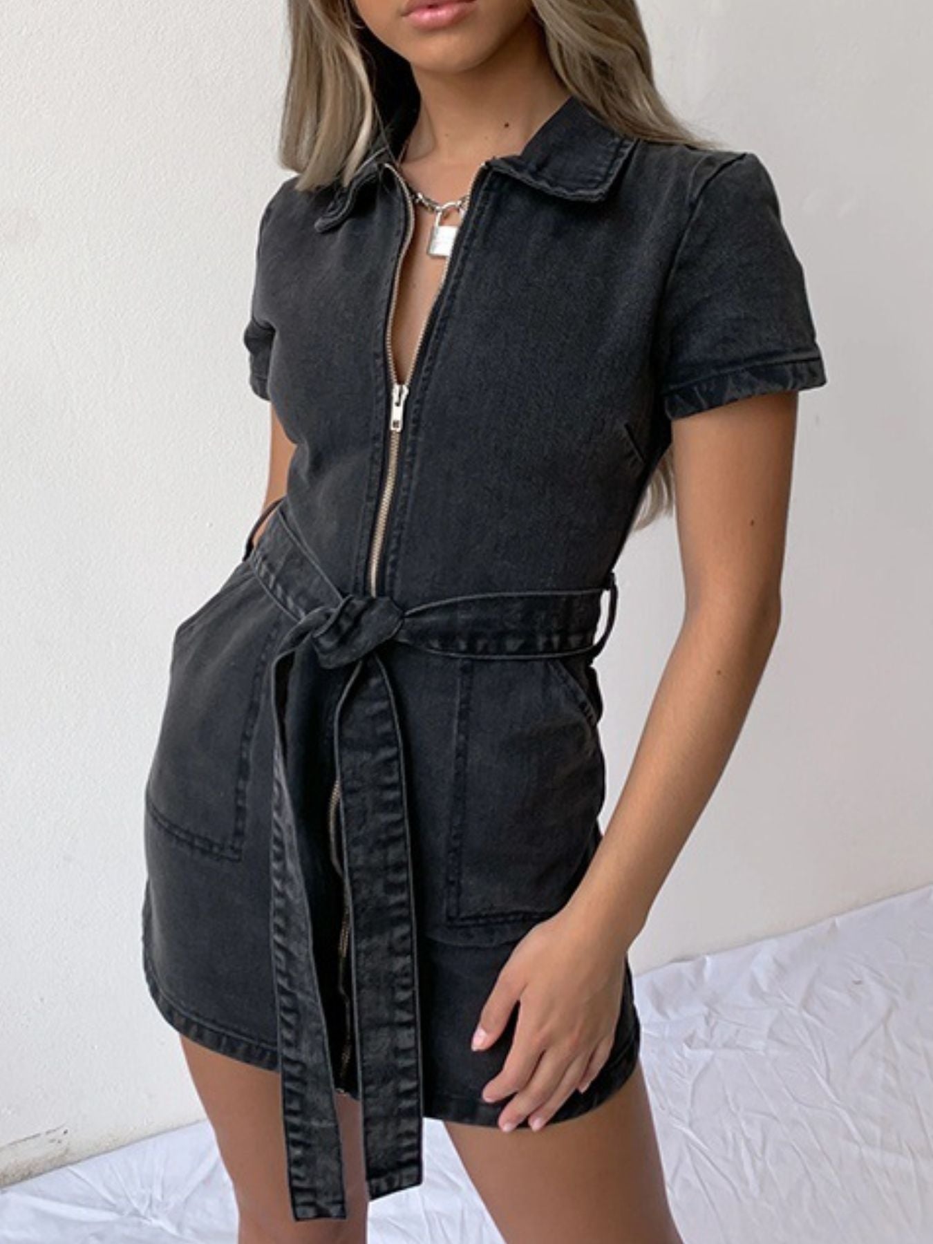 Zip Front Short Sleeve Denim Dress
