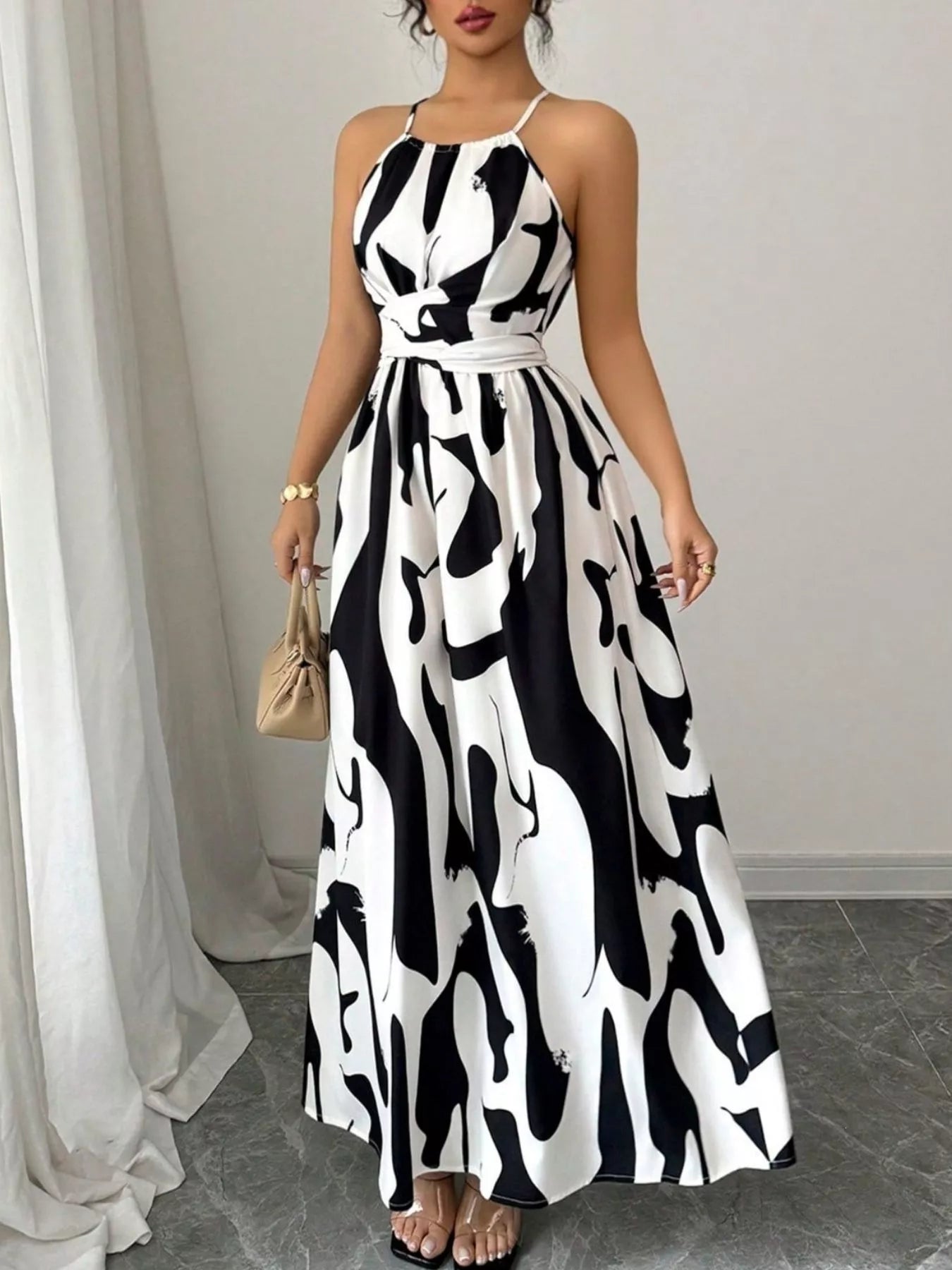 Abstract Print Halter Neck Maxi Dress