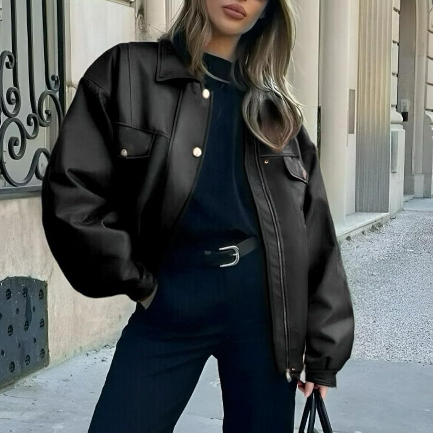 Women's Leather Jacket Loose Long Sleeve Lapel Motorcycle Jacket