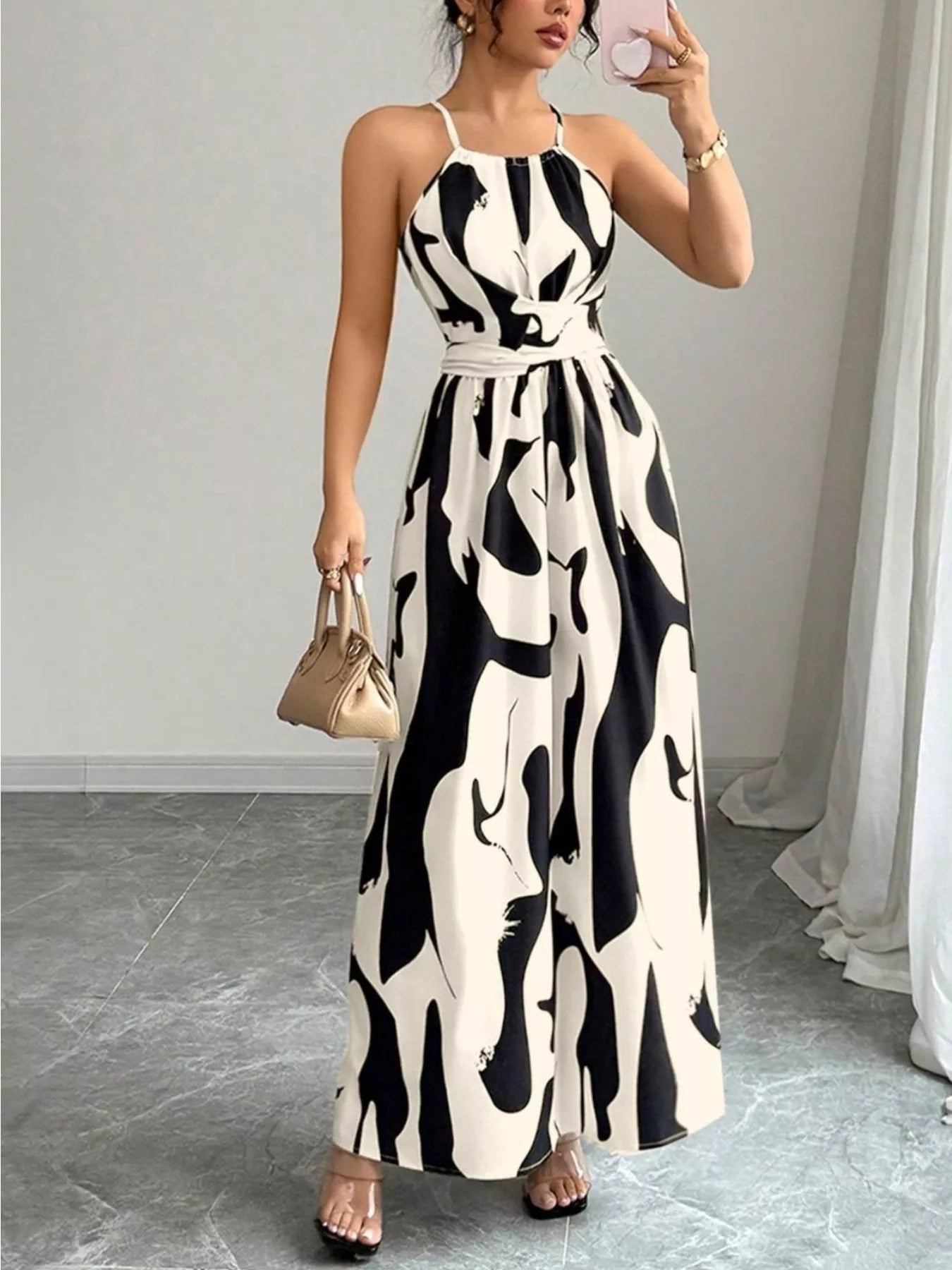 Abstract Print Halter Neck Maxi Dress