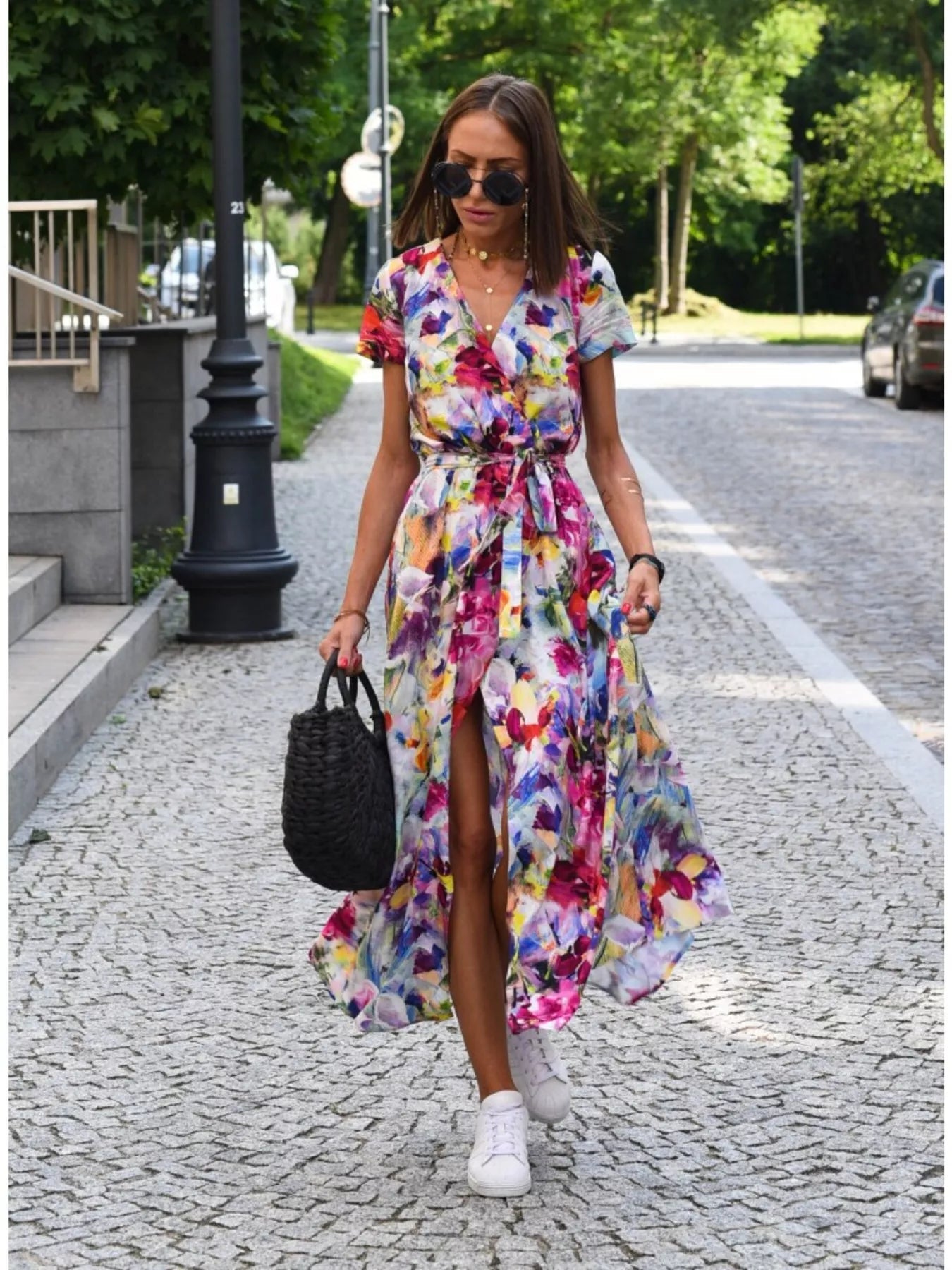 Surplice Short Sleeve Midi Dress