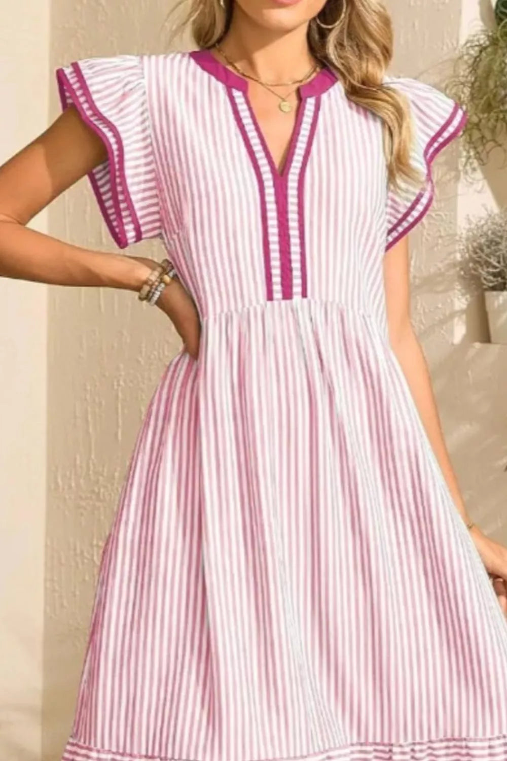 Striped Ruffle Sleeve Midi Dress