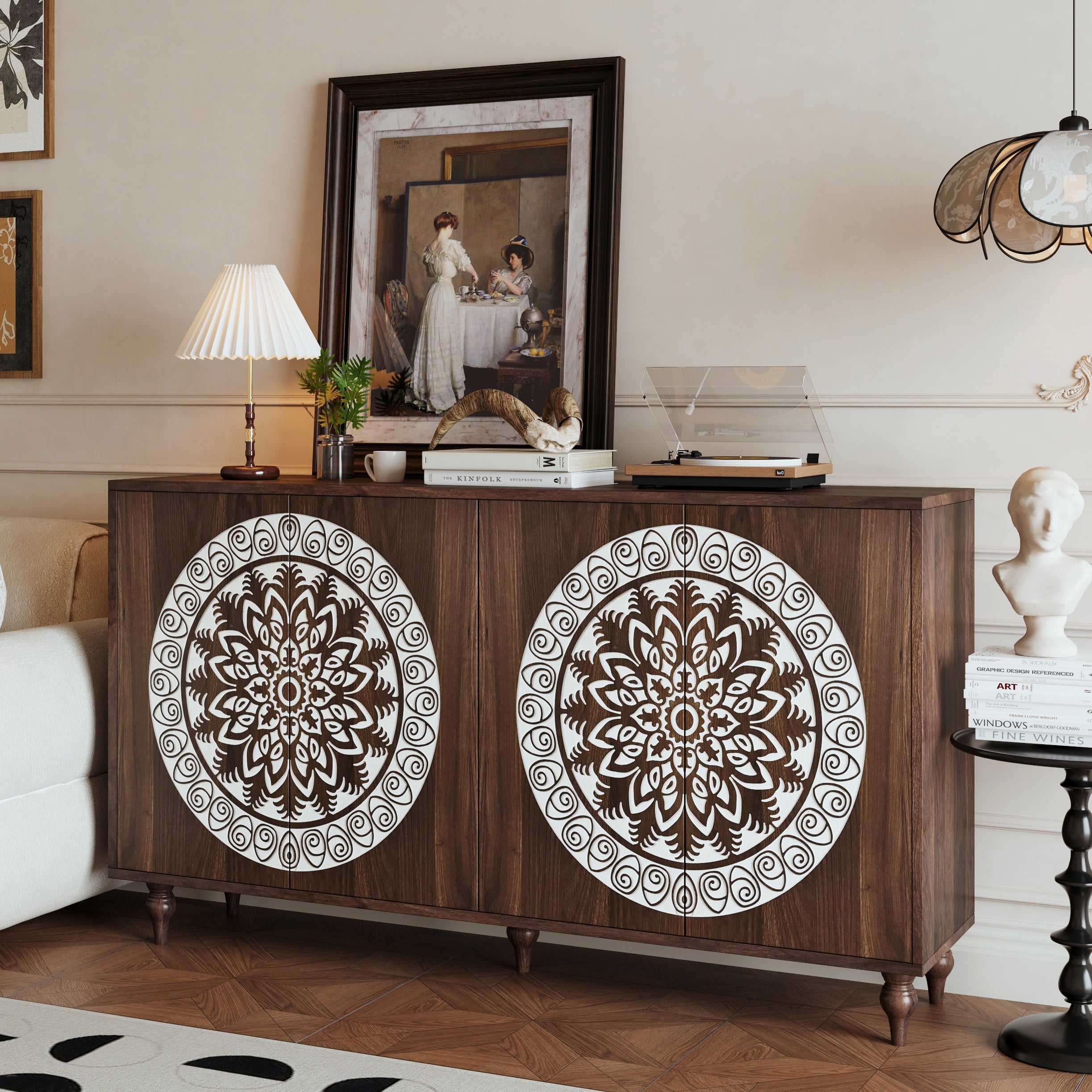 60" Vintage Mandala Carved Sideboard