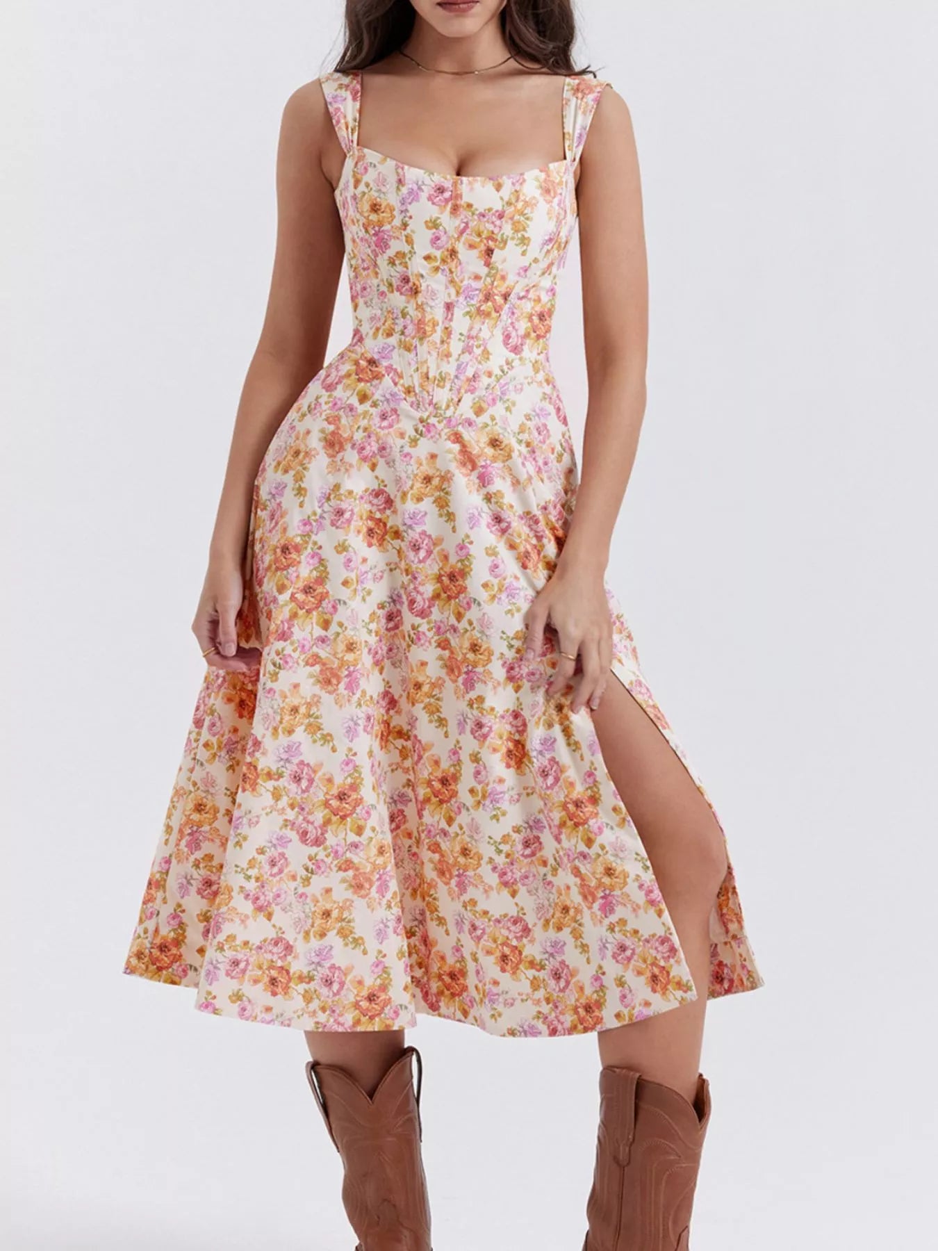 Floral Print Midi Dress with Slit