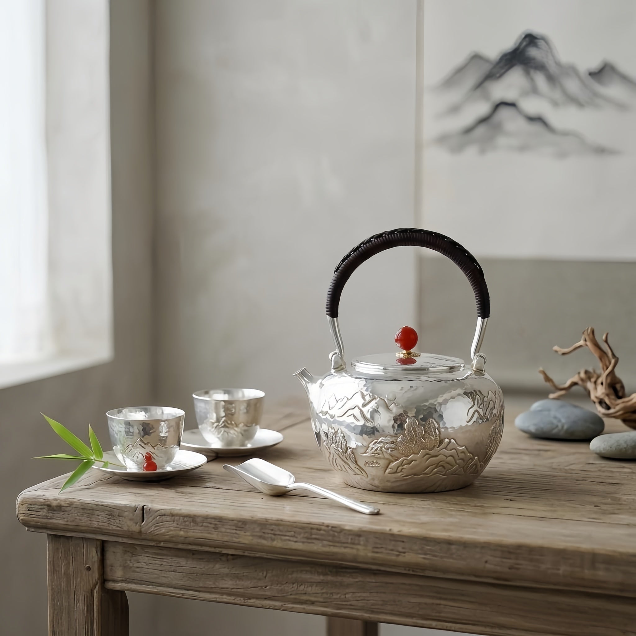 Pure 999 Fine Silver Exquisite Hand-Carved Silver Teapot with Mountain Landscape and Red Stone Finial - Handicraft