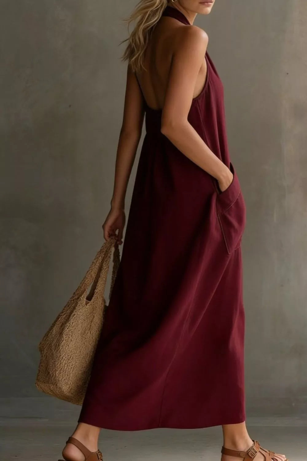Casual Halter Neck Pocket Midi Dress
