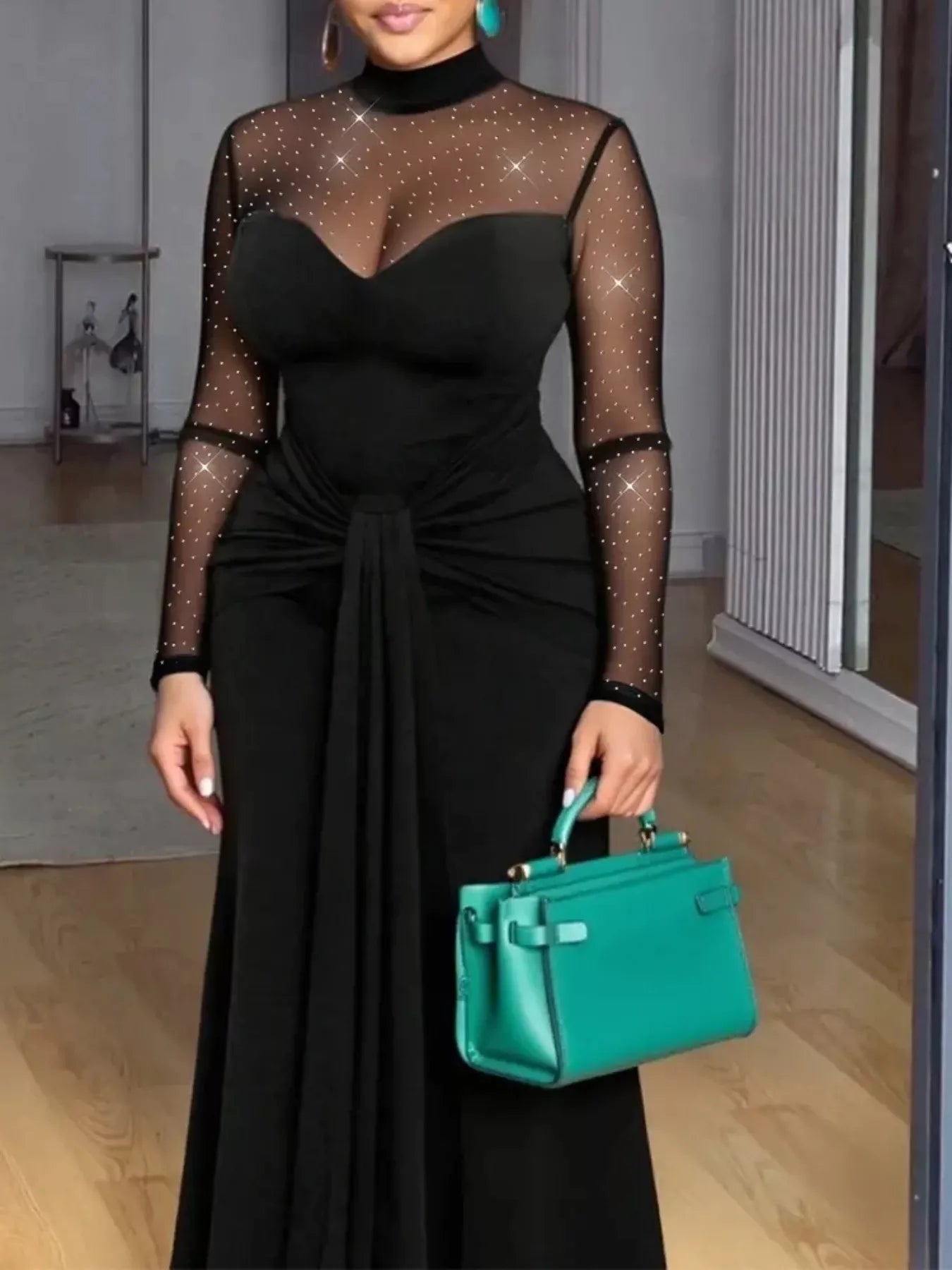Mesh Mock Neck Long Sleeve Maxi Dress