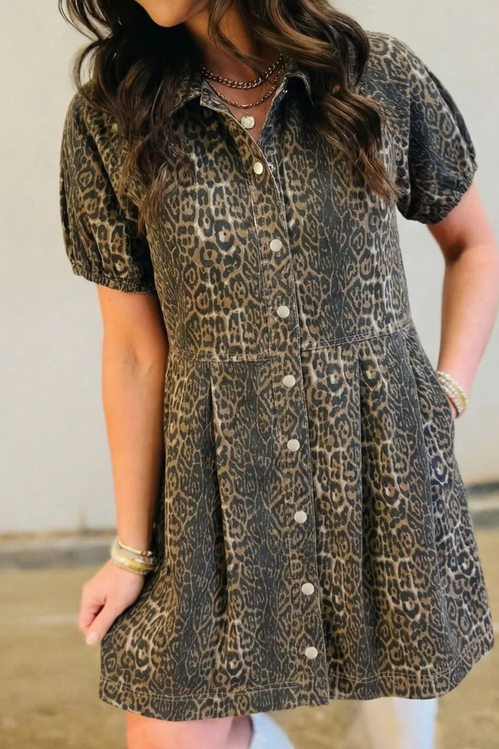 Leopard Print Puff Sleeve Denim Dress