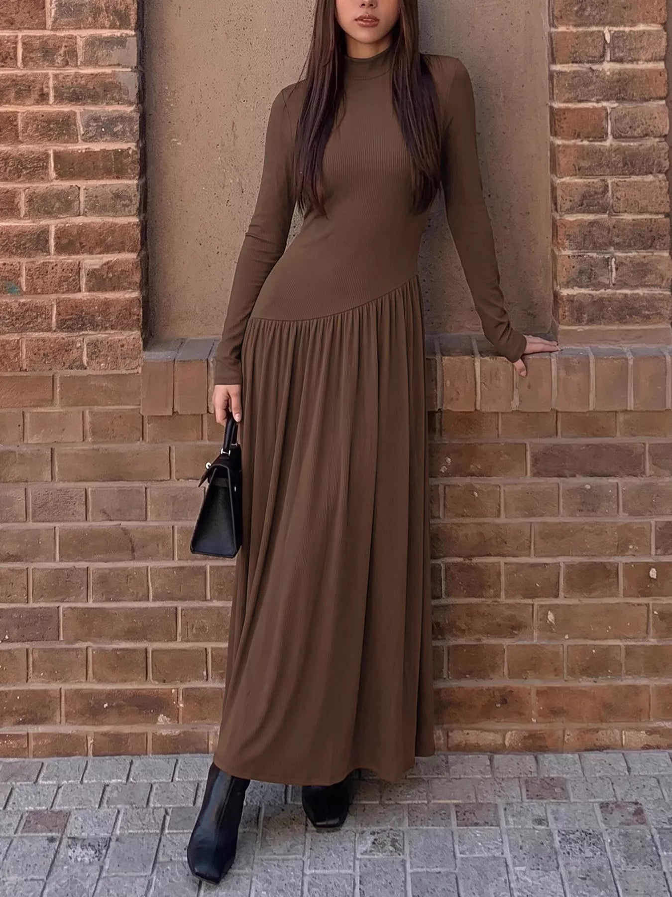 Mock Neck Long Sleeve Midi Dress