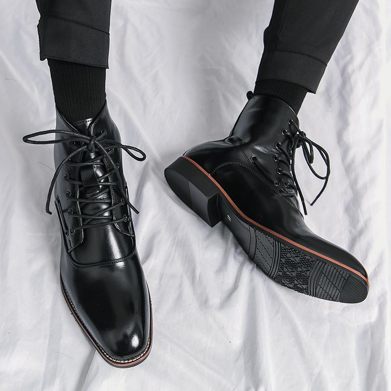 Mens Shoes British-style Height-increasing Leather Boots Hairstylist-pointed-toe Leather Shoes