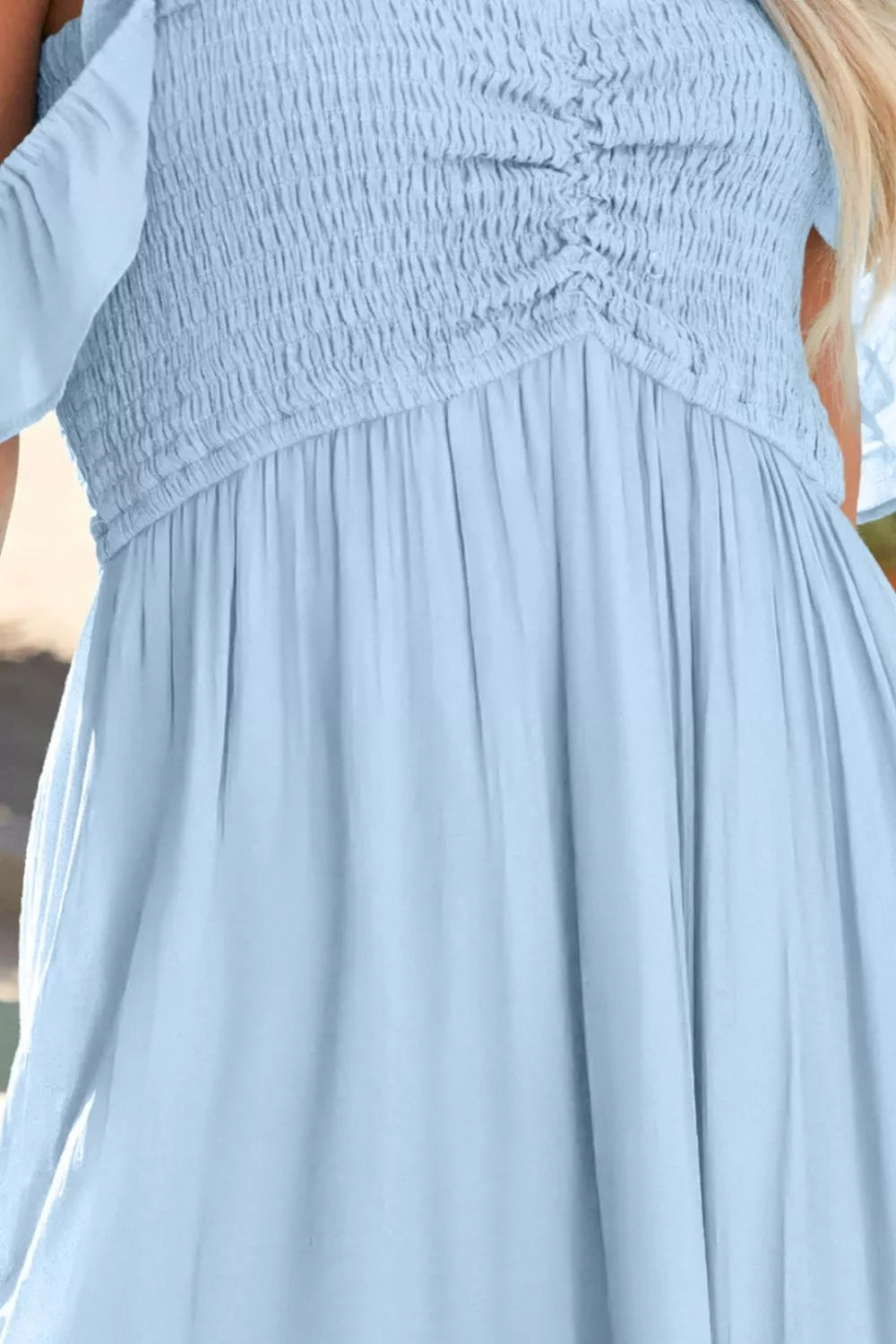 Off Shoulder Ruched Bust Sheer Slit Maxi Dress