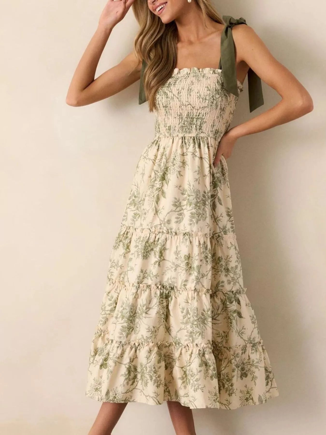 Floral Print Tiered Midi Dress with Tie Straps