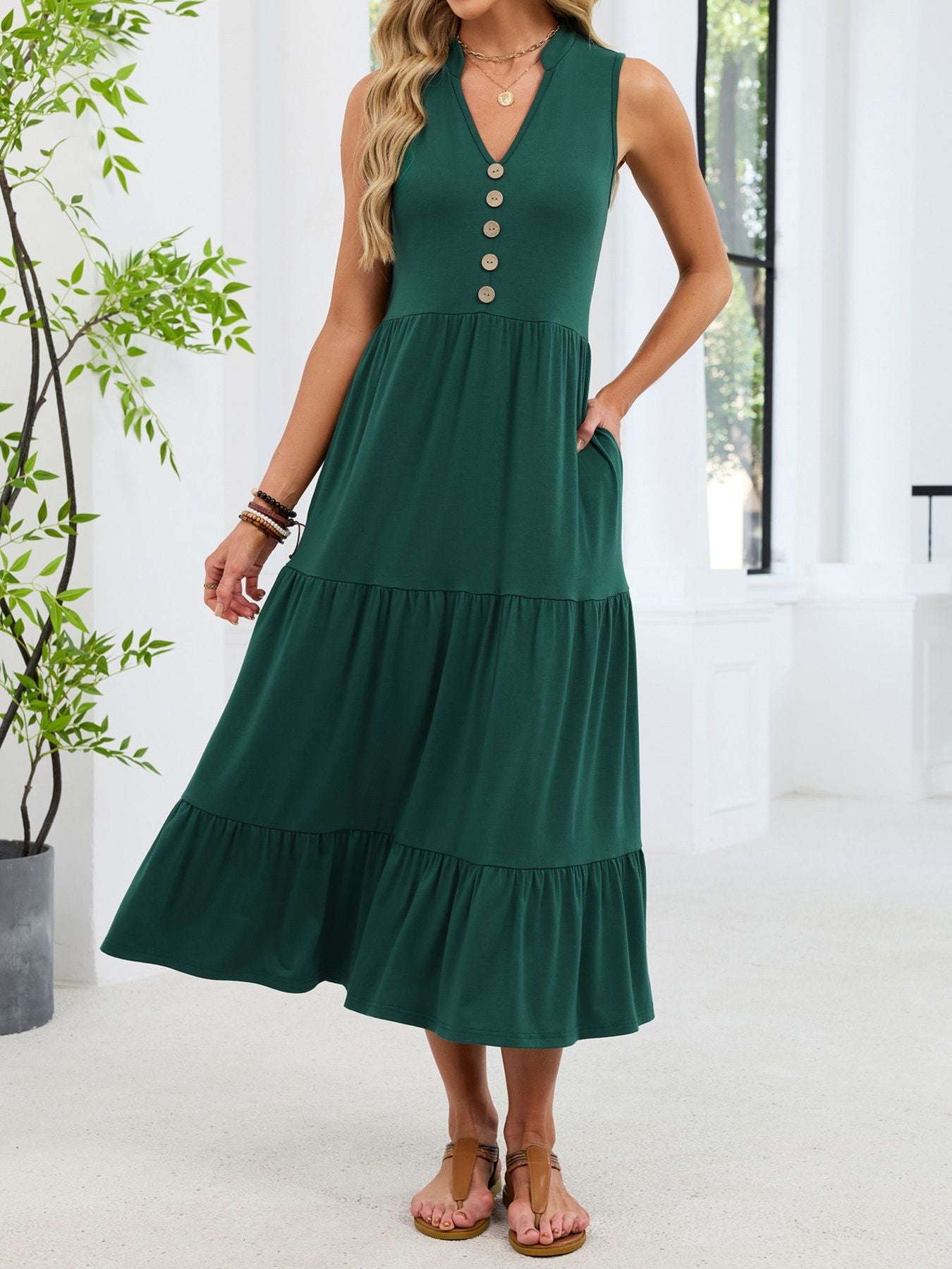 Sleeveless Notched Tiered Midi Dress