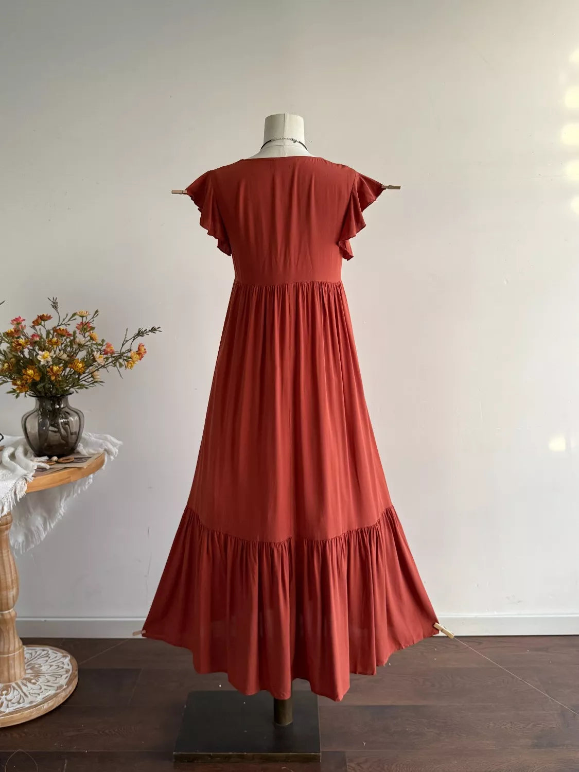 Ruffle Sleeve Maxi Dress with Button Detail