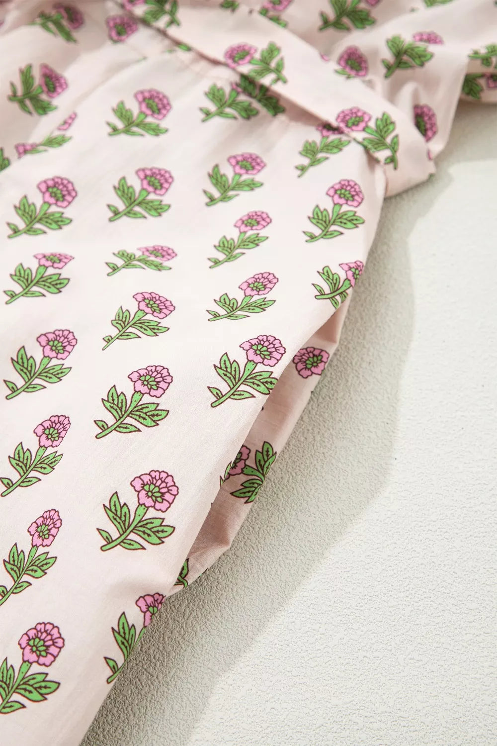 Floral Print V Neck Scallop Trim Button Front Short Sleeve Dress