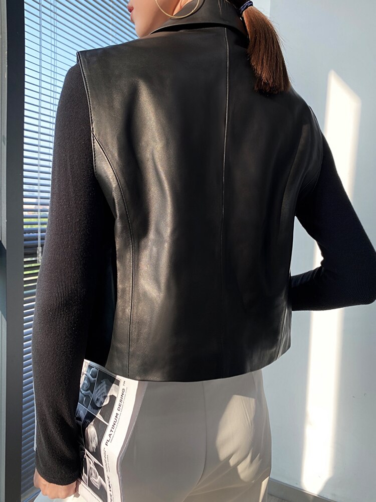 French Fashion Genuine Leather Vest For Women Female Loose Sleeveless Jacket Soft Chic Gilet Short Suit