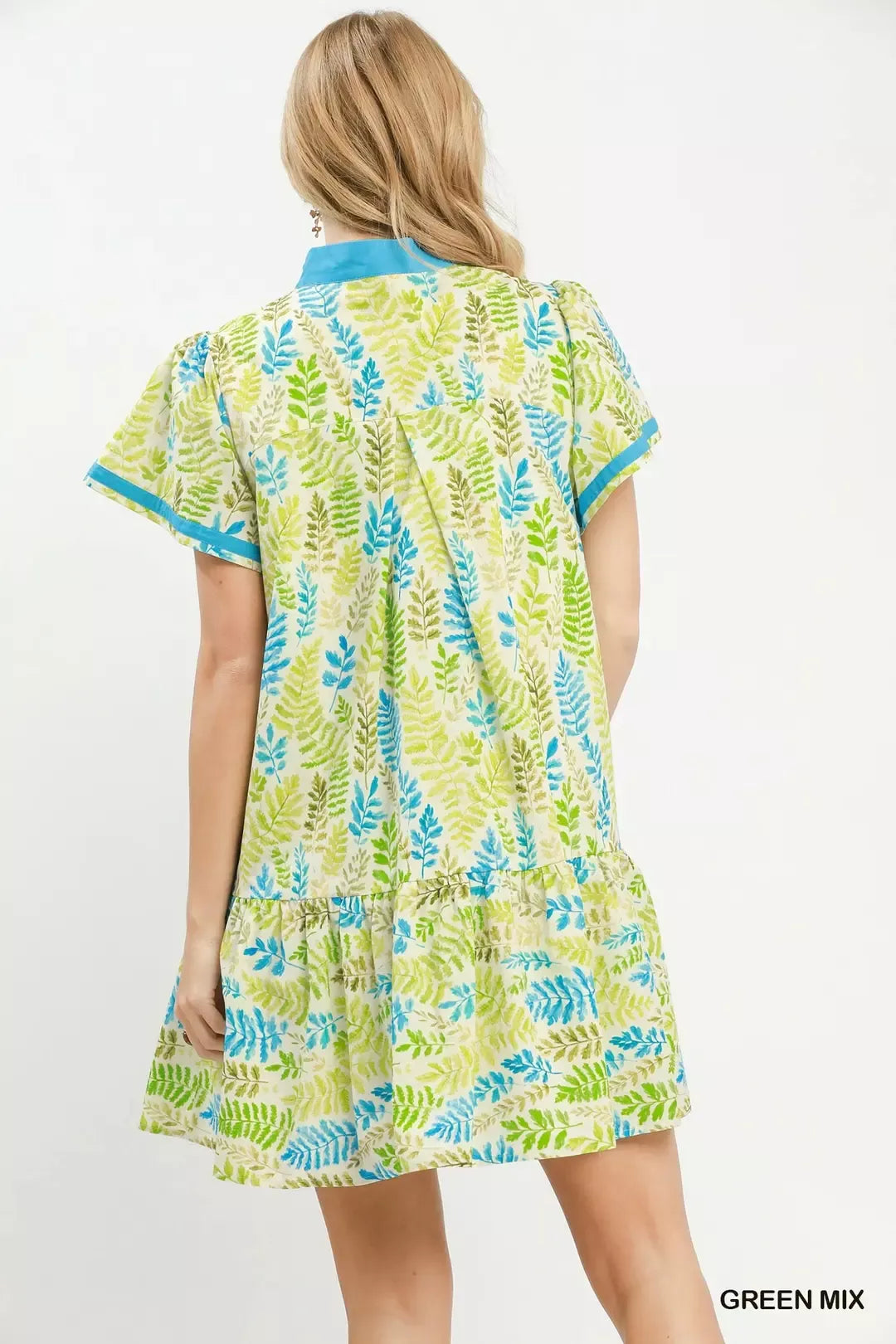 Umgee Leaf Print Flutter Sleeve Tiered Mini Dress