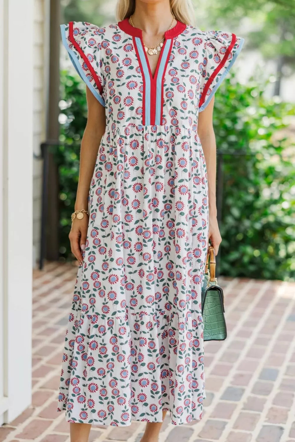 Floral Print Ruffle Sleeve Tiered Midi Dress