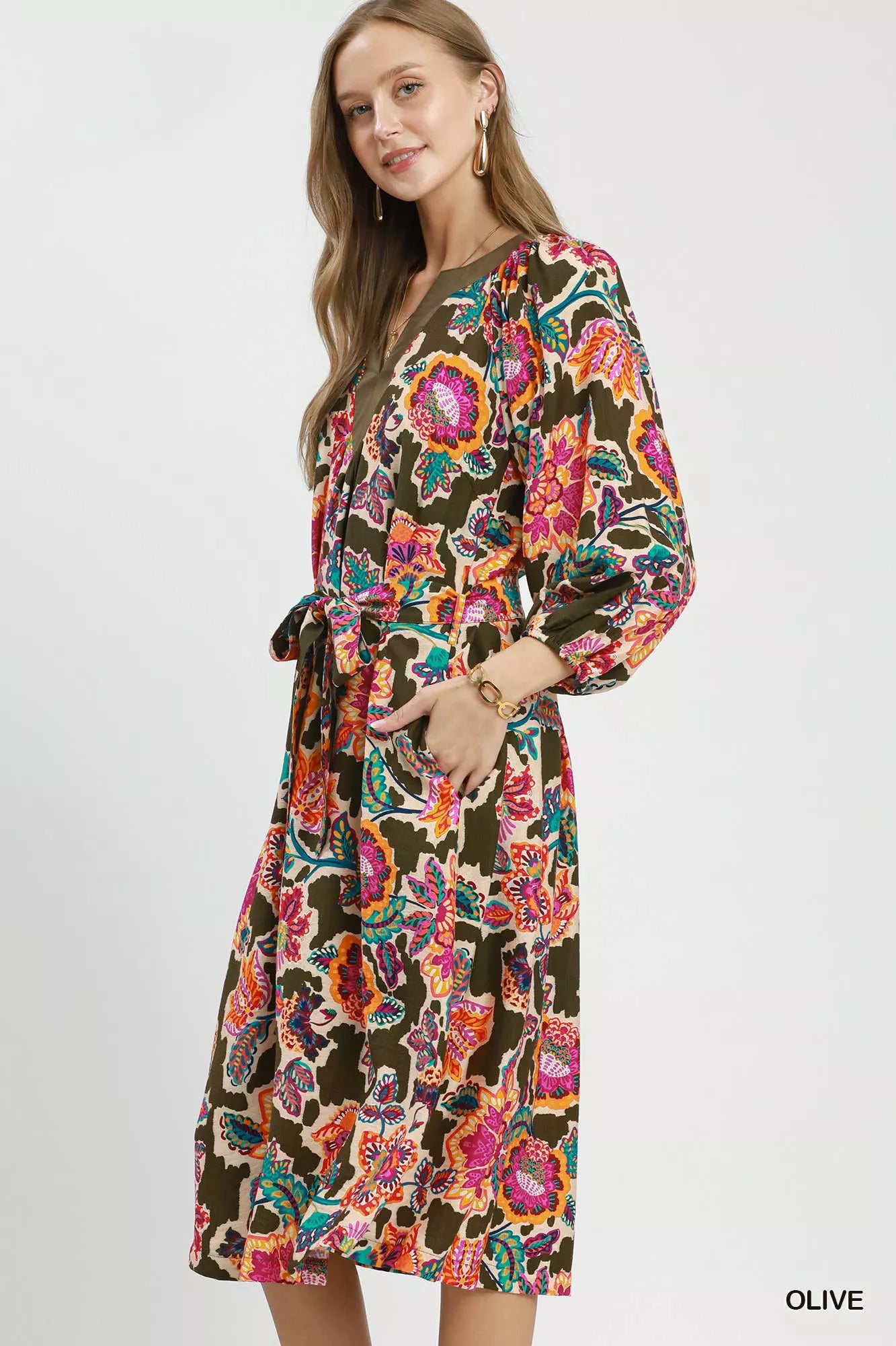 Umgee Abstract Print Embroidered Belted Midi Dress
