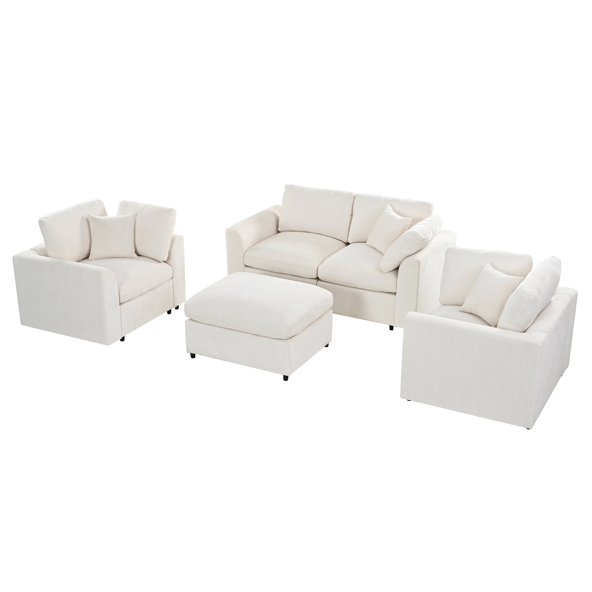 U-Style 4-Piece Sofa Set, 2 Accent Chairs + Loveseat + Movable Ottoman