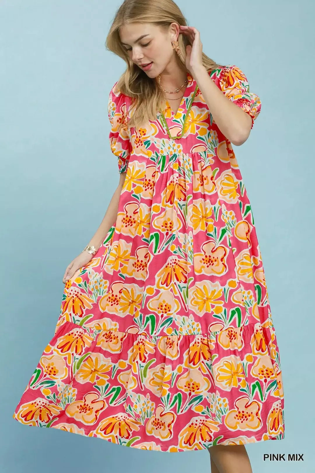 Umgee Floral Print Puff Sleeve Tiered Midi Dress