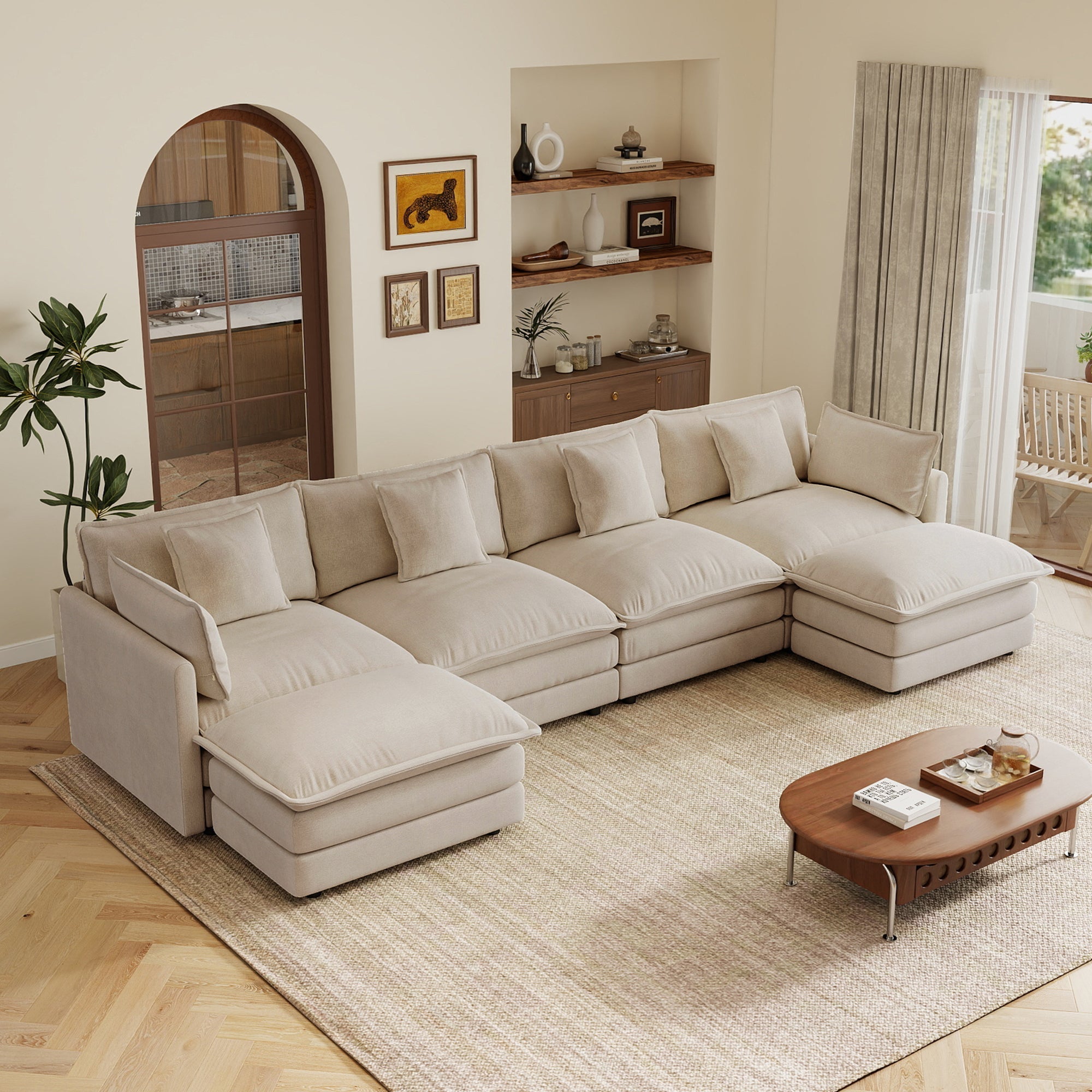Oversized U Shape Sofa, Modern Upholstered 4 Seater Sofa with 2 Ottomans