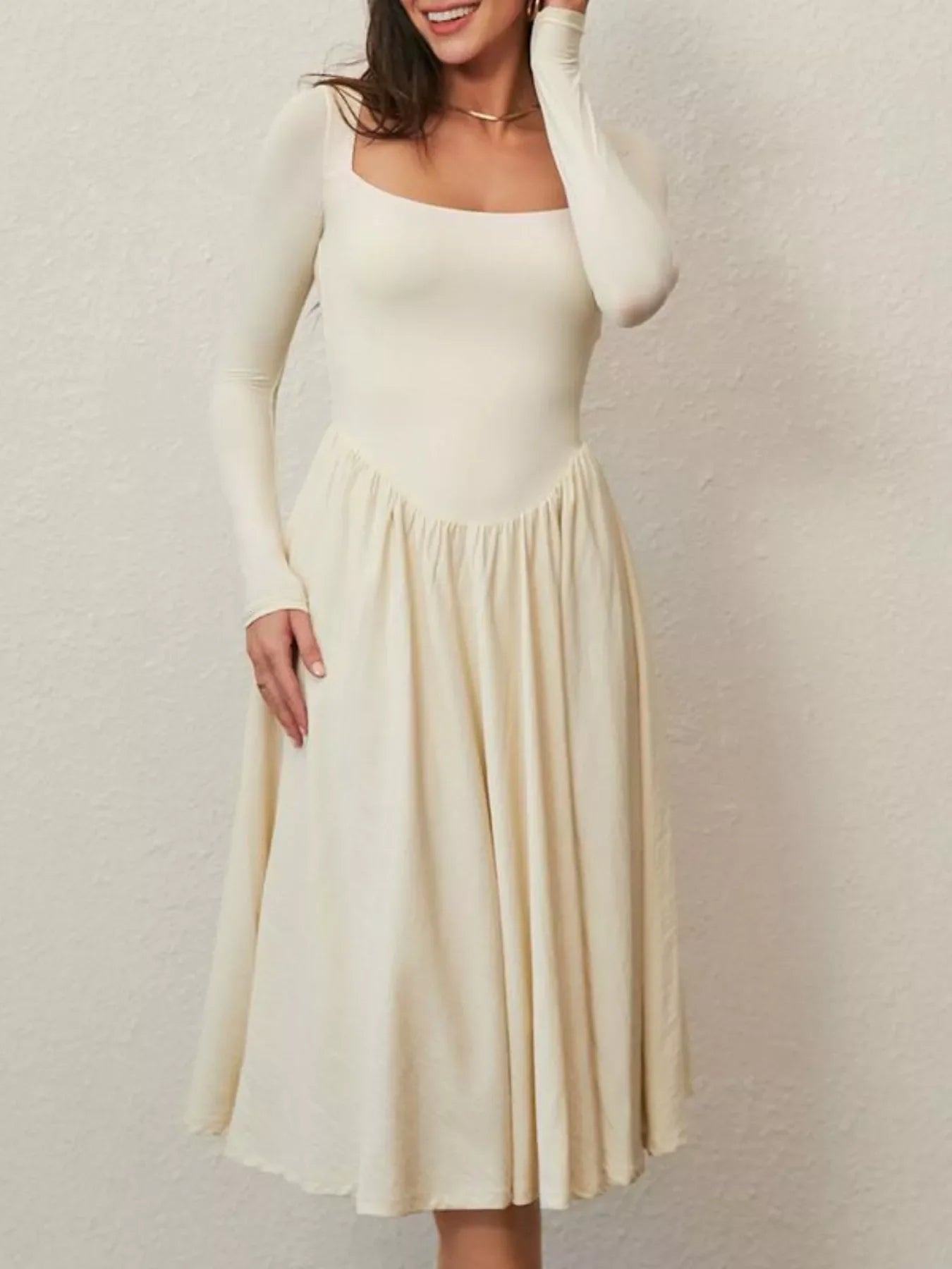 Square Neck Long Sleeve Midi Dress