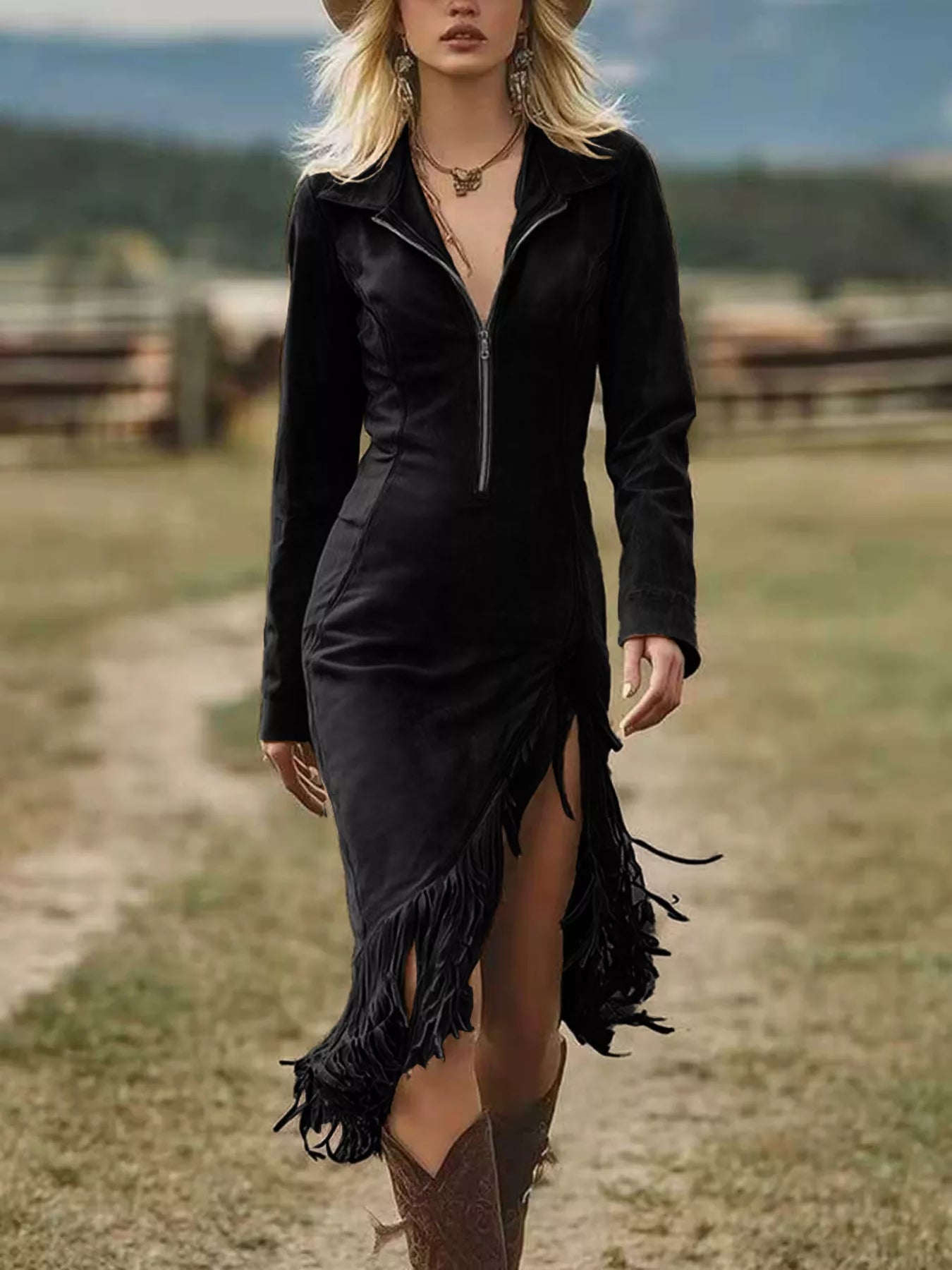 Full Size Fringe Hem Zip Front Bodycon Dress Plus Size