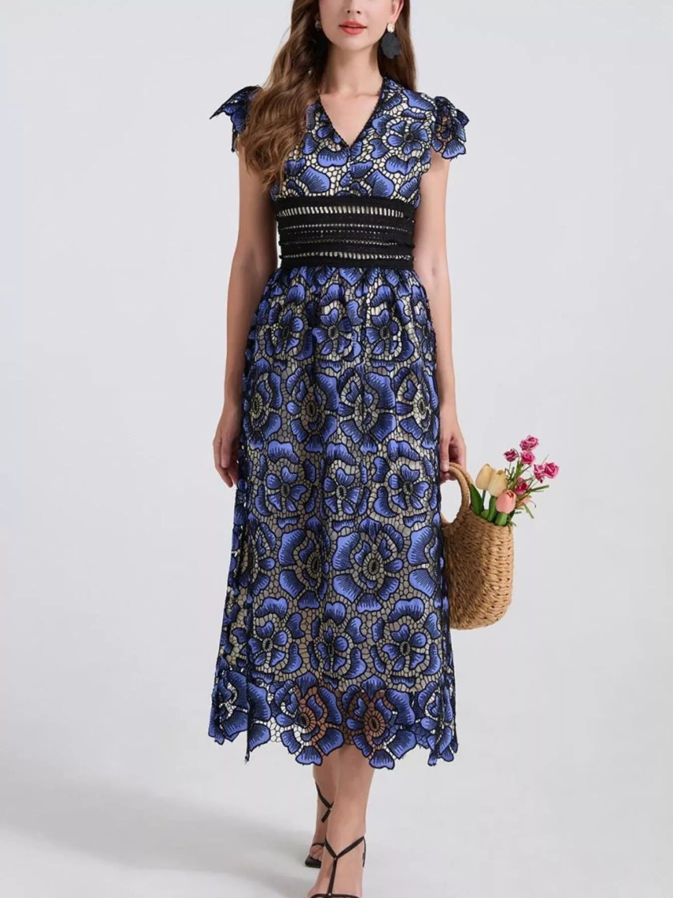 Printed V-Neck Ruffle Sleeve Midi Dress