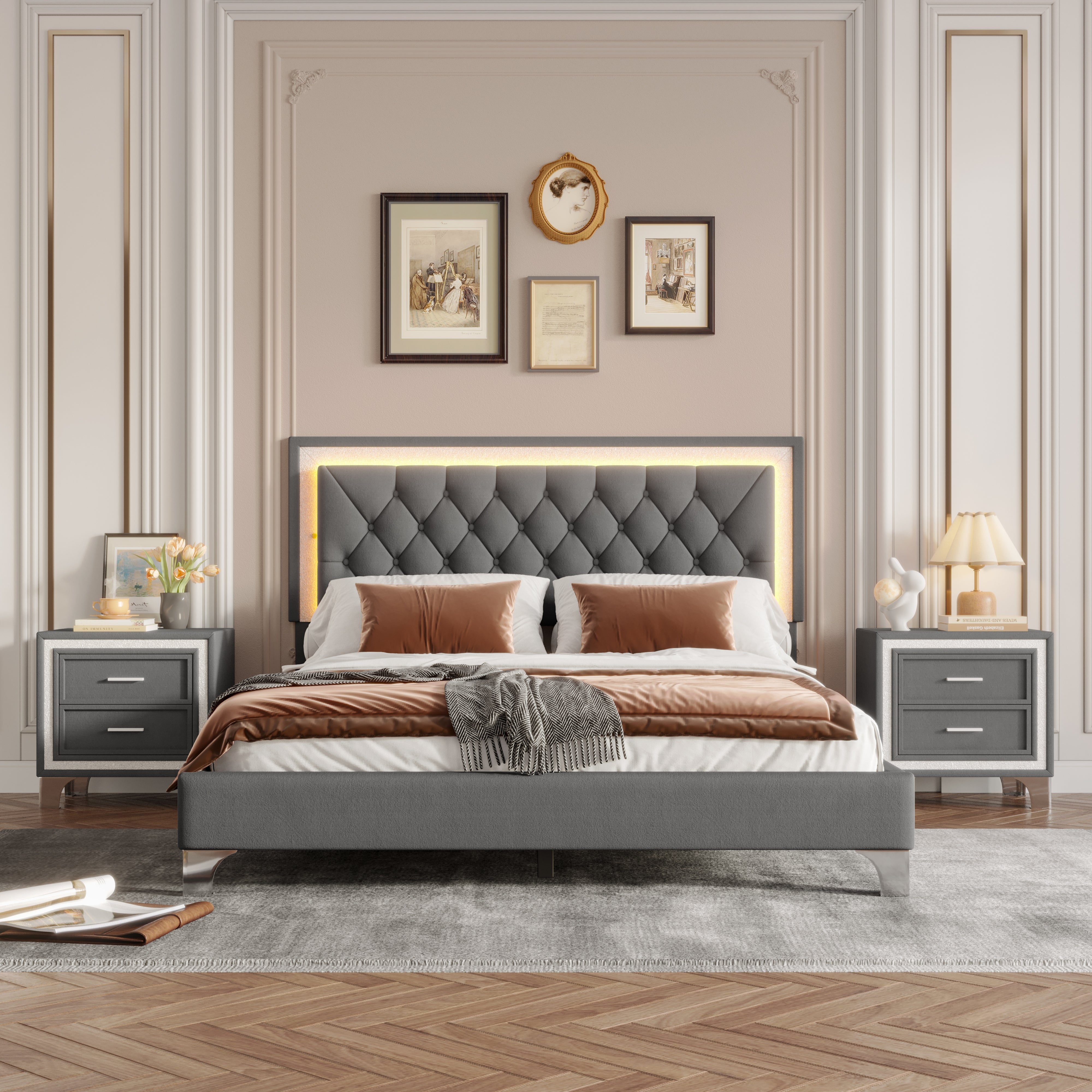 3-Pieces Bedroom Set - Queen Size Upholstered Platform Bed with LED Lights
