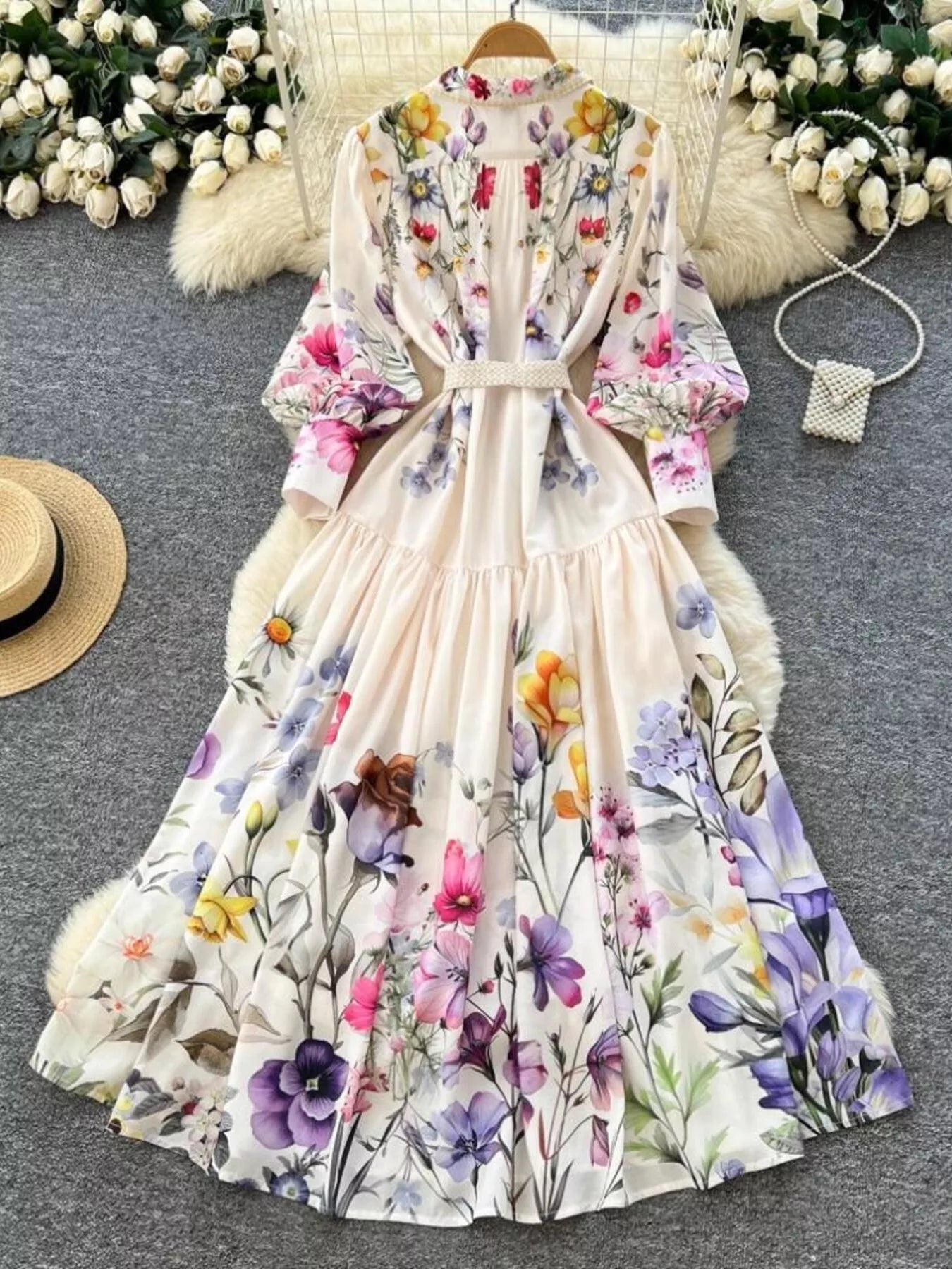 Floral Print Lantern Sleeve Midi Dress