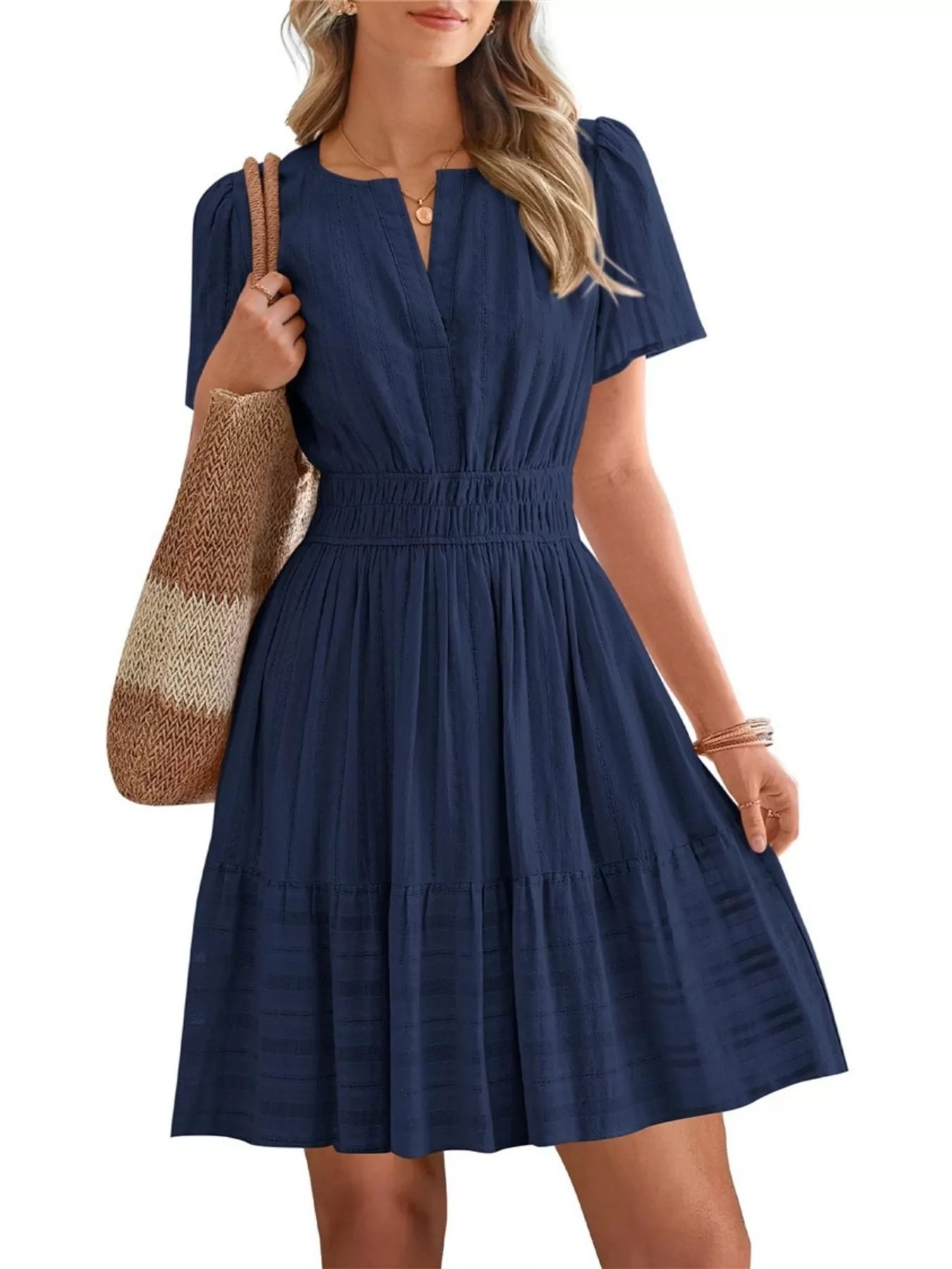 Short Sleeve Smocked Waist Tiered Dress