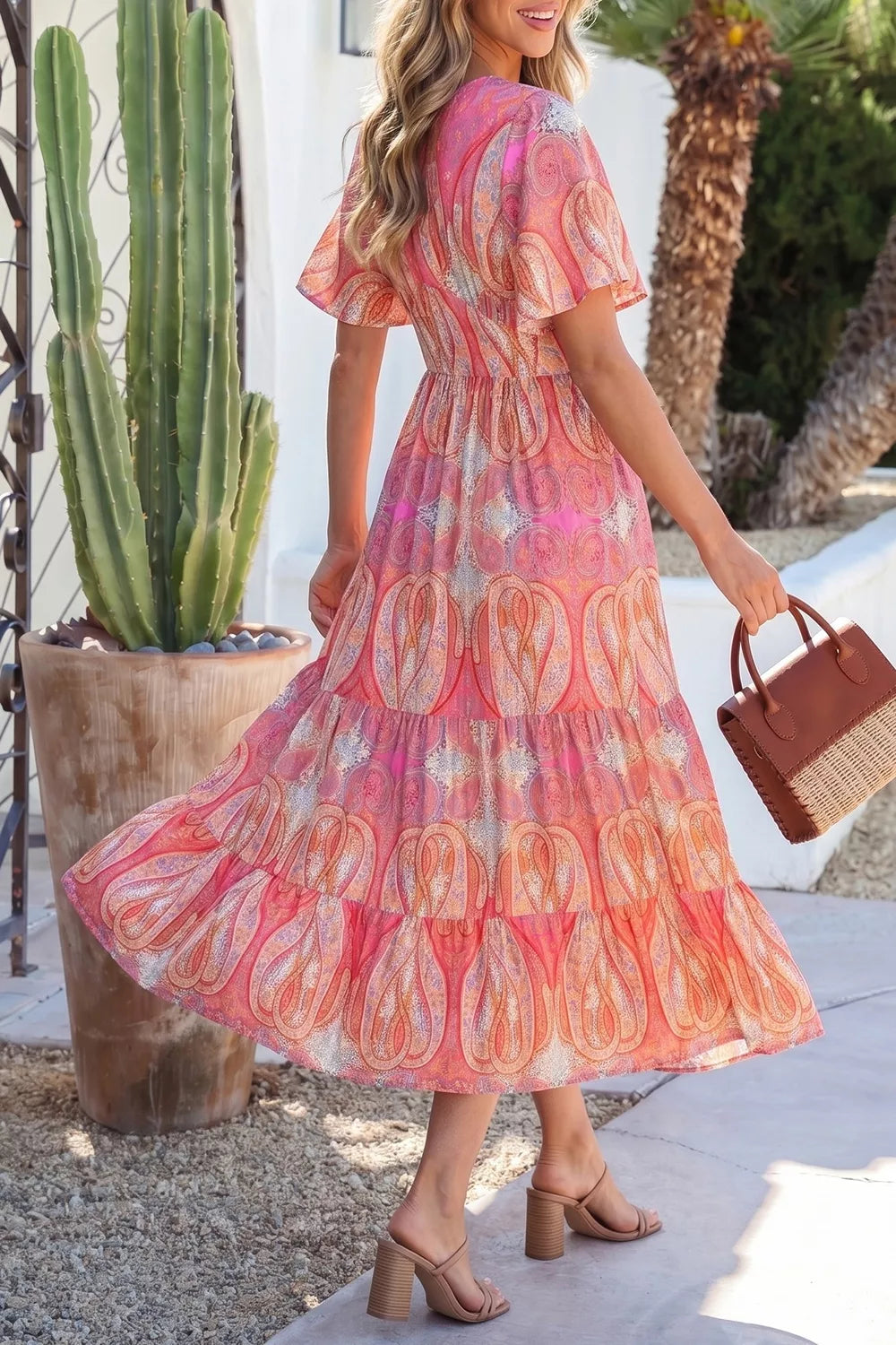 Paisley Print V-Neck Short Sleeve Boho Dress with Ruffle Details