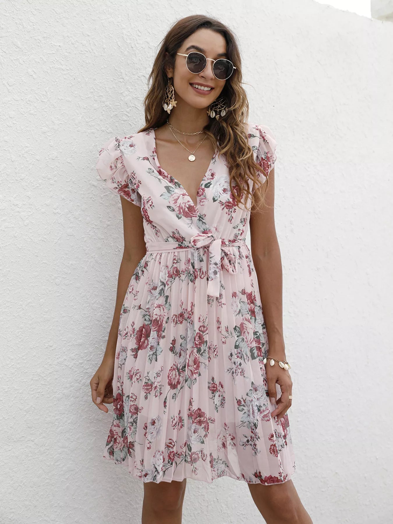Pleated Floral Print Ruffle Sleeve Dress