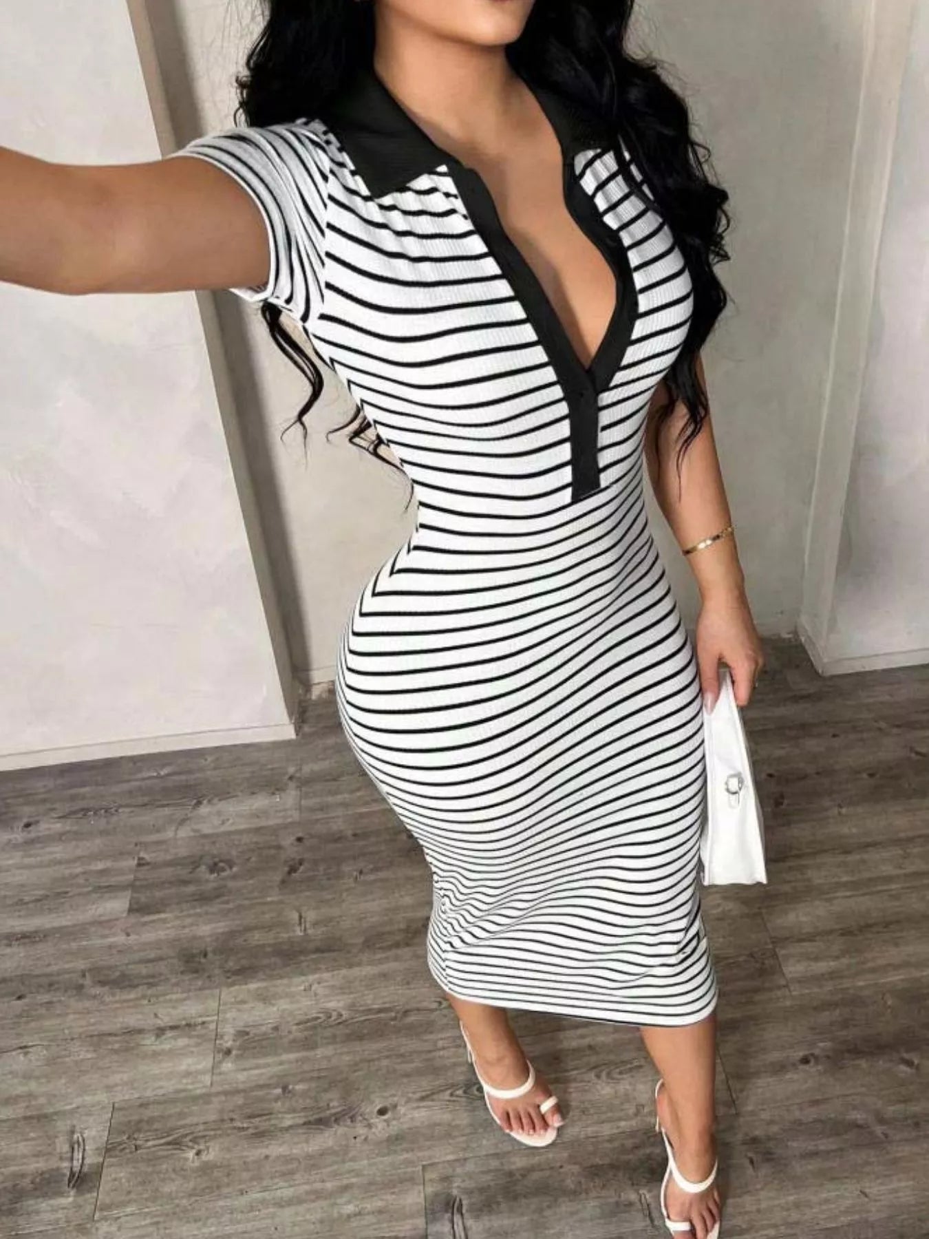Striped Polo Collar Midi Dress