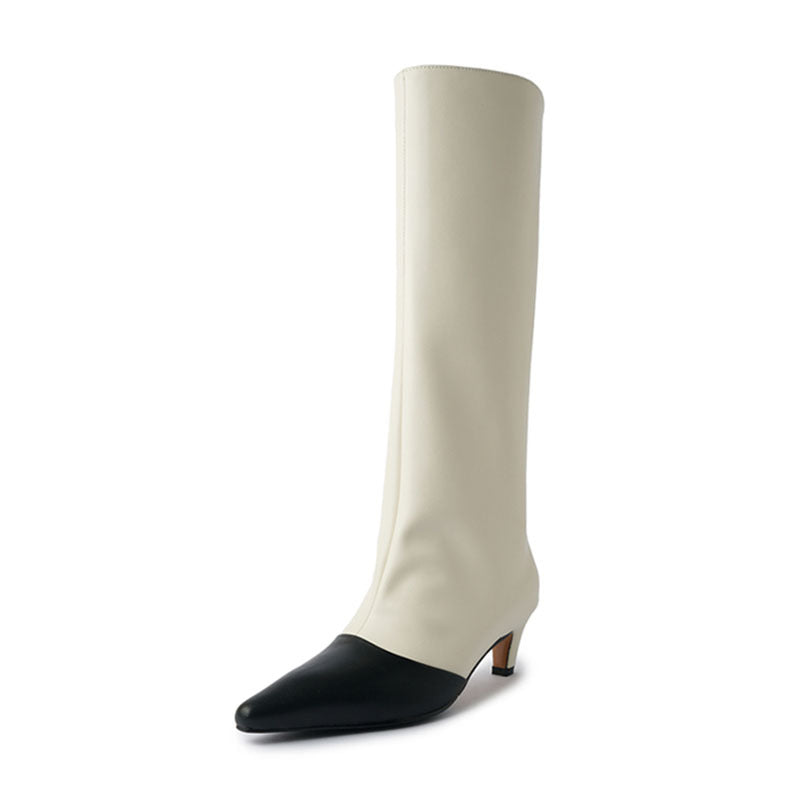 Women Knee-High Boots Pointed Toe Genuine Leather Shoes Woman Office Lady Mature Autumn Winter New