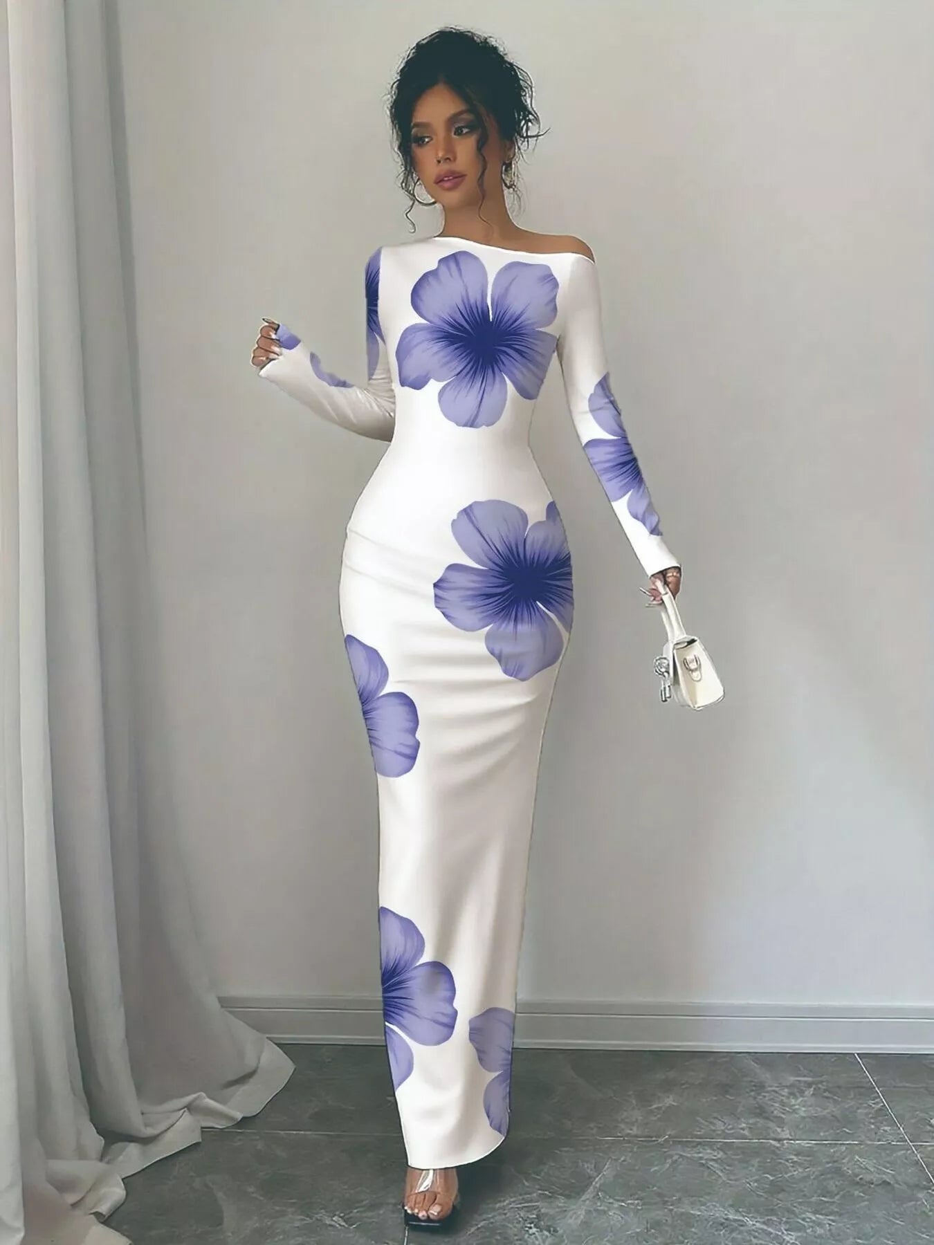 Floral Print One Shoulder Maxi Dress