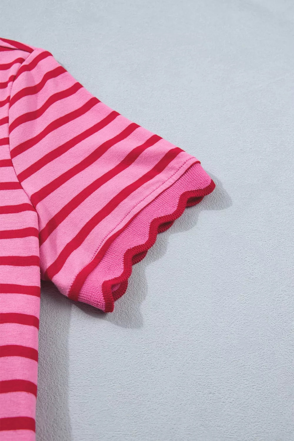 Stripe Striped Short Sleeve Scalloped Trim Side Slit Maxi Tee Dress