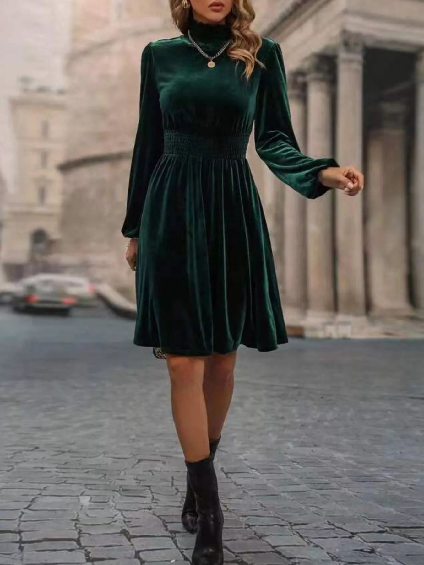 Velvet High Neck Long Sleeve A-Line Dress