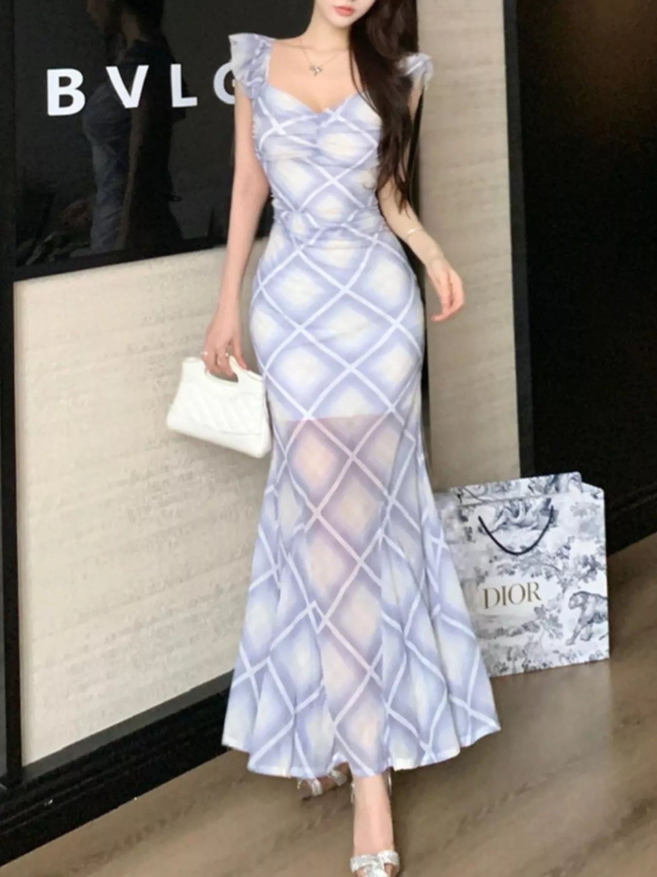 Plaid Ruffle Cap Sleeve Bodycon Maxi Dress
