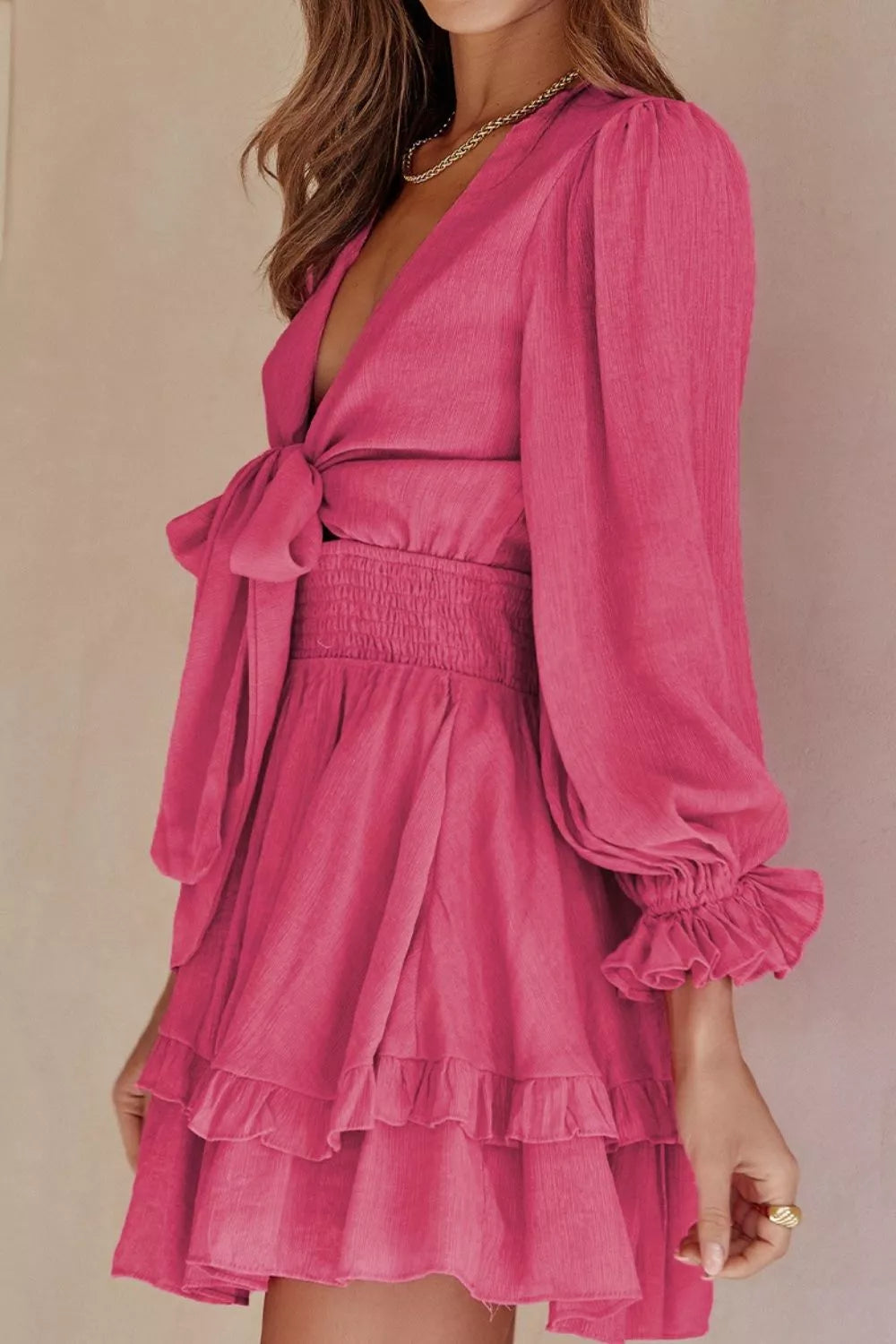 Elegant Tie-Front Ruffle Mini Dress with Smocked Wiast