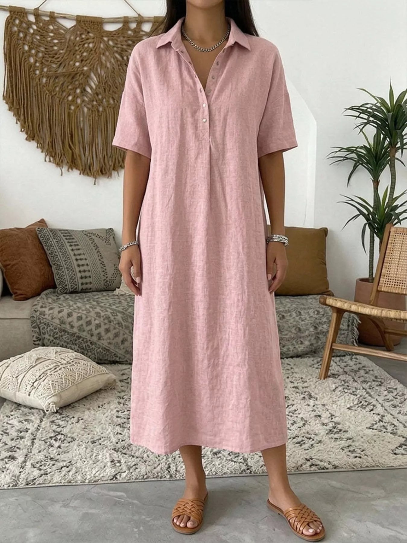 Full Size Button Detail Half Sleeve Dress Plus Size