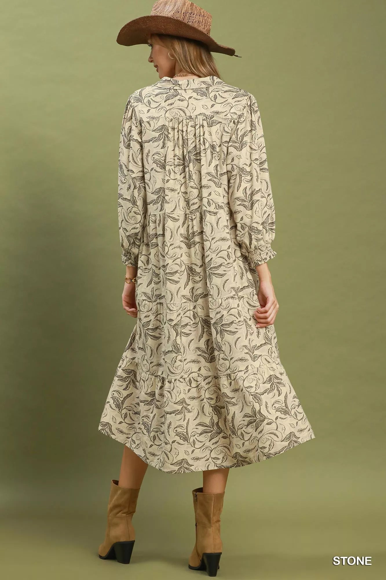 Umgee Linen Botanical Print Tiered Midi Dress