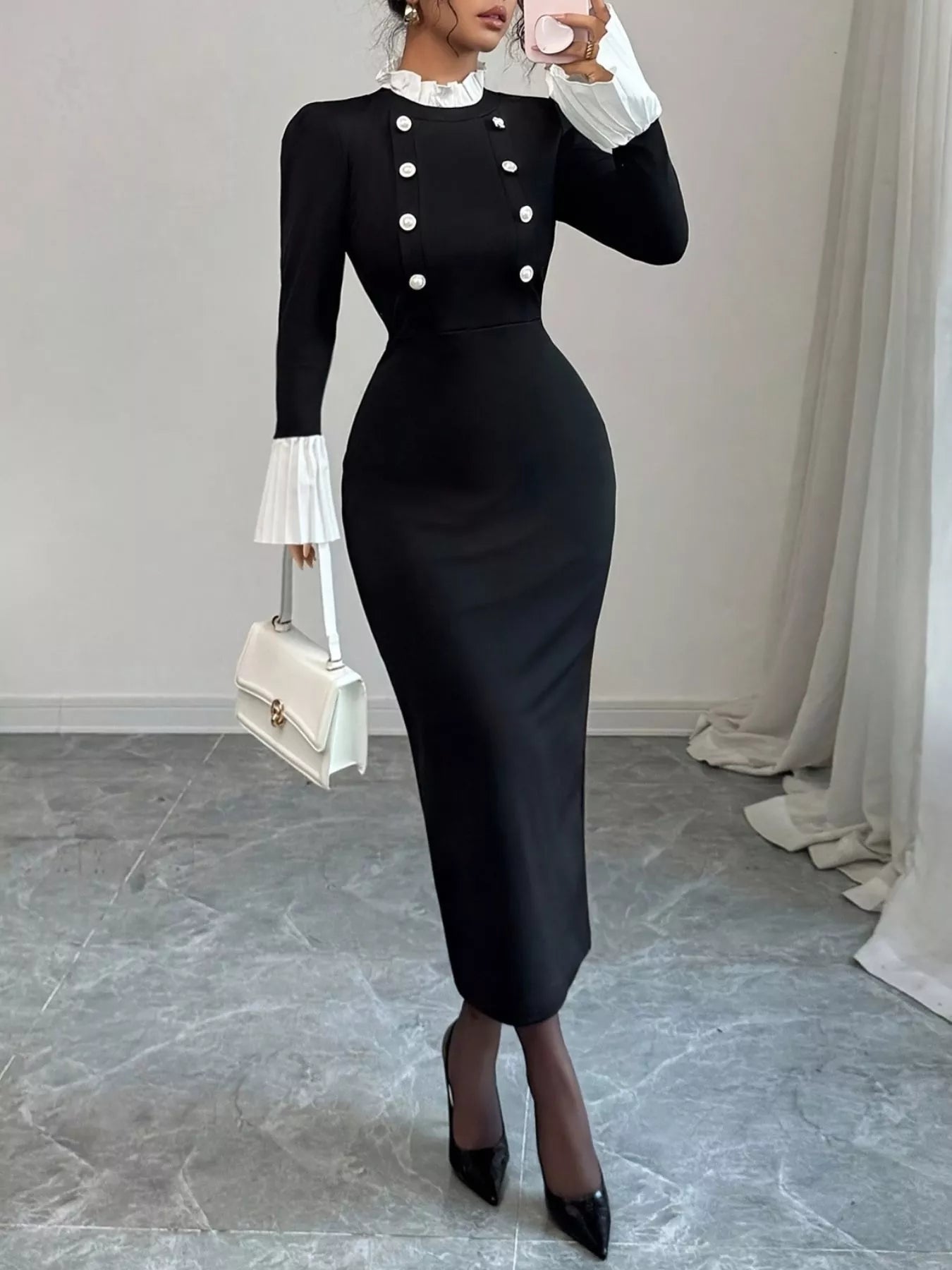 Two Tone Long Sleeve Midi Dress
