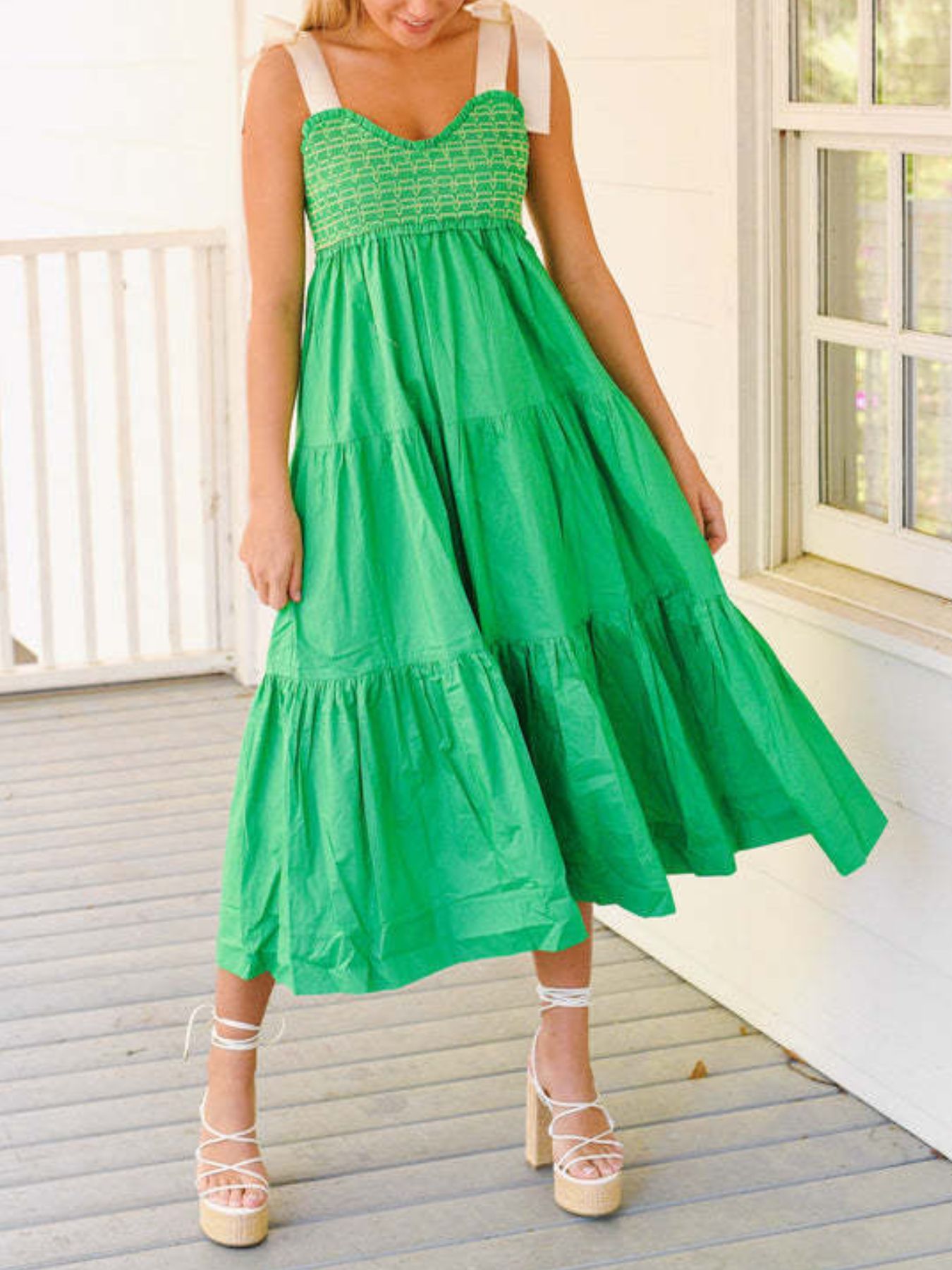 Tie Shoulder Tiered Midi Dress