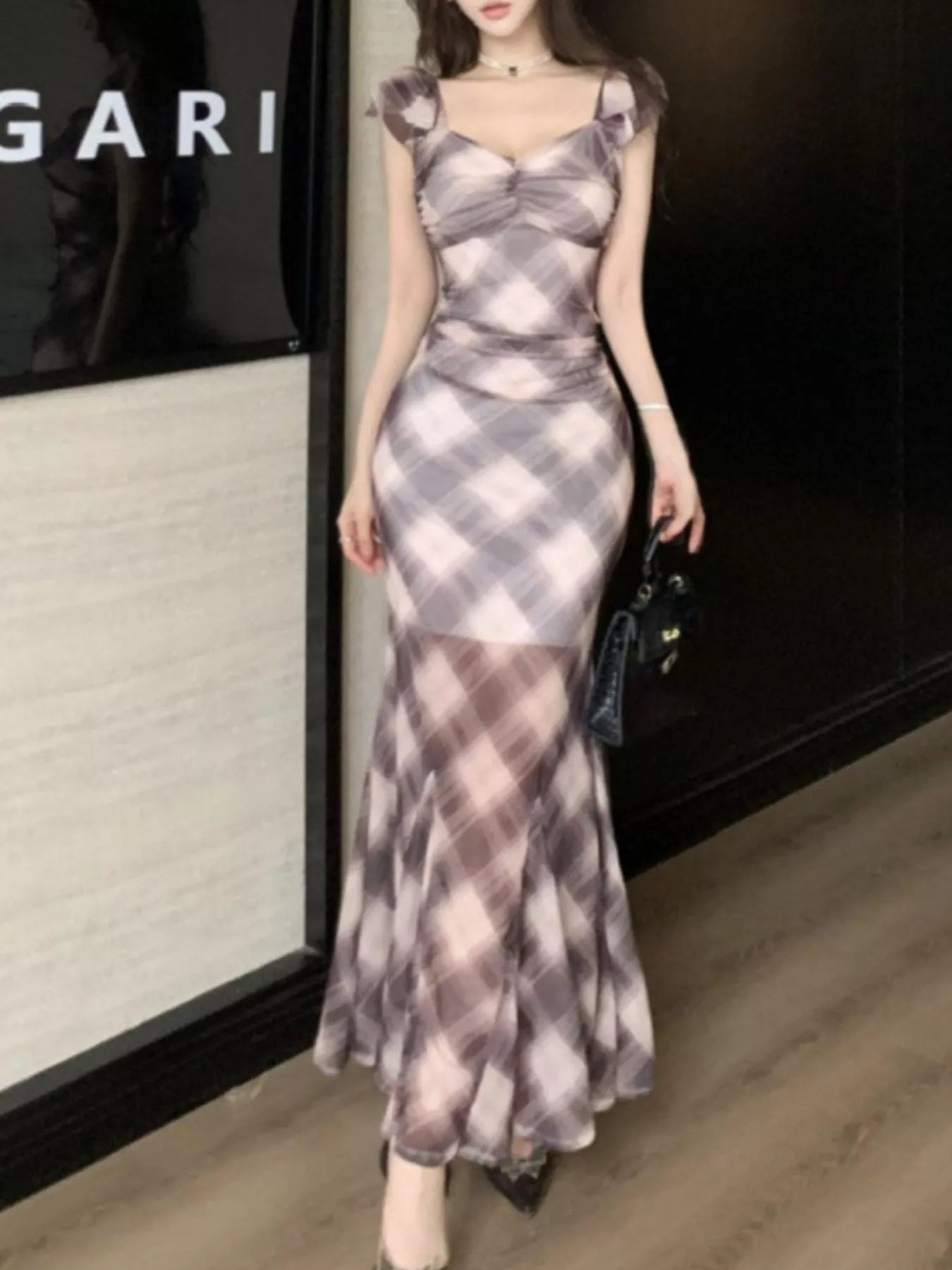 Plaid Ruffle Cap Sleeve Bodycon Maxi Dress