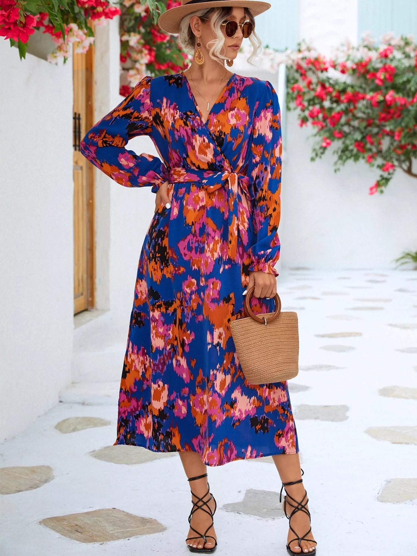Printed Surplice Long Sleeve Midi Dress