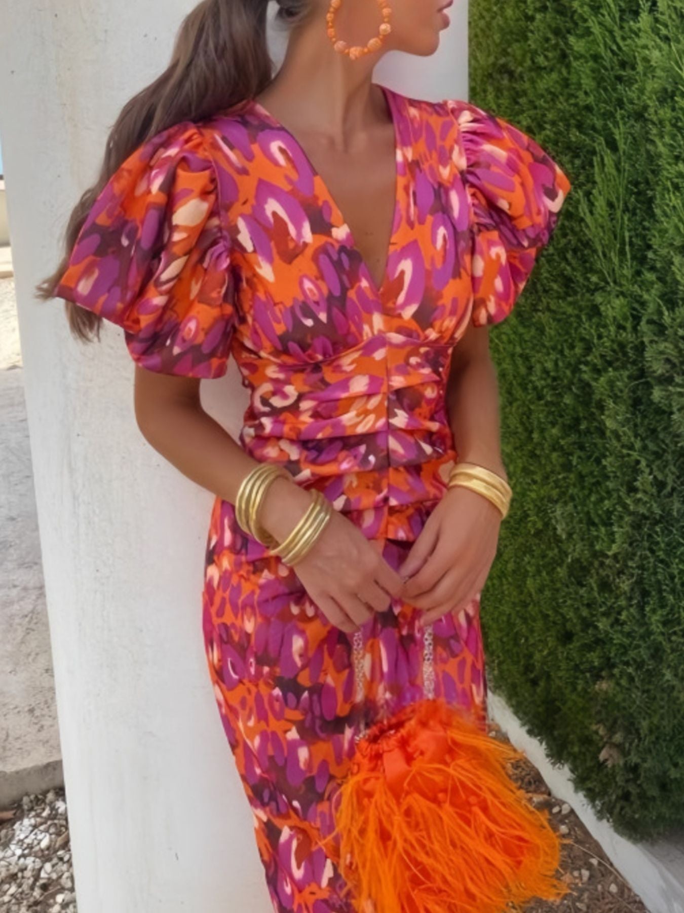 Full Size V-Neck Puff Sleeve Midi Dress Plus Size