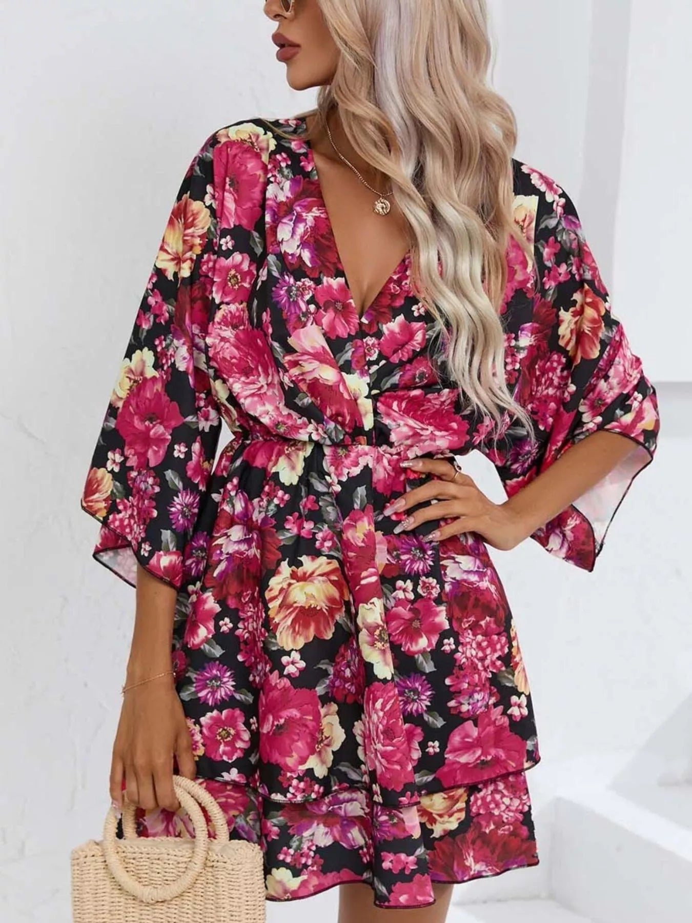 Floral Print Layered Ruffle Hem Mini Dress